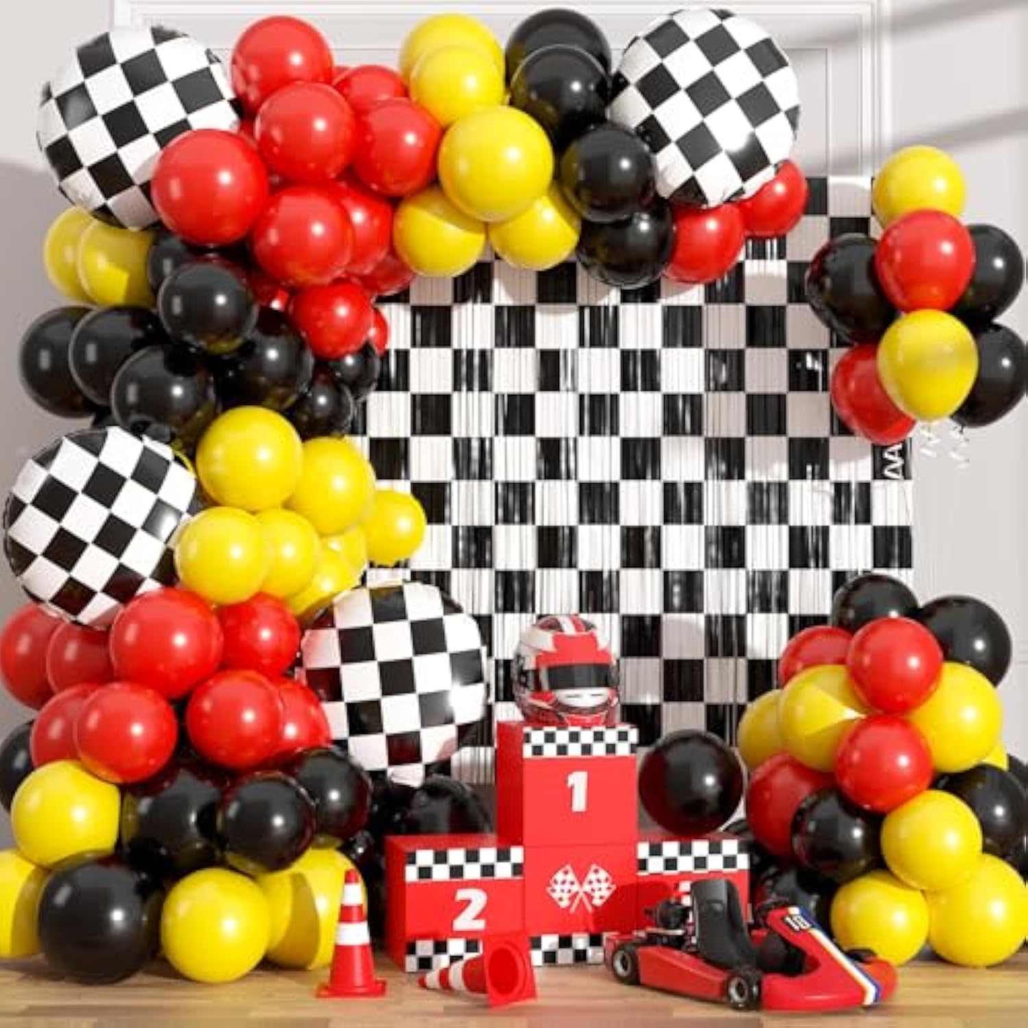 Race Car Balloon Garland Arch Kit With 2 Checkered Foil Fringe Curtains - Cars Wheels Balloons In 18 12 10 Inch Sizes For Two Fast Racing Cars Birthday Party Decorations Supplies