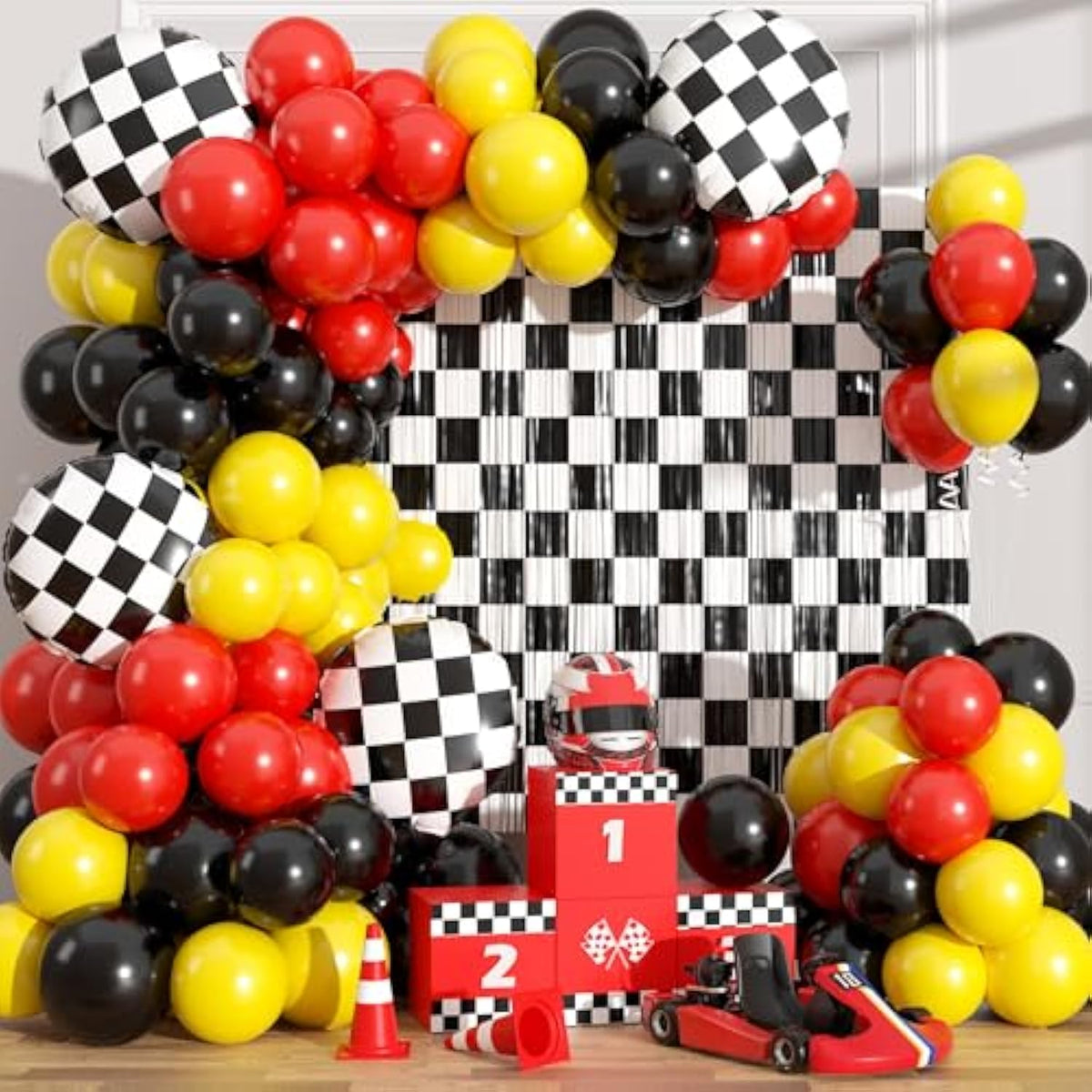 Race Car Balloon Garland Arch Kit With 2 Checkered Foil Fringe Curtains - Cars Wheels Balloons In 18 12 10 Inch Sizes For Two Fast Racing Cars Birthday Party Decorations Supplies