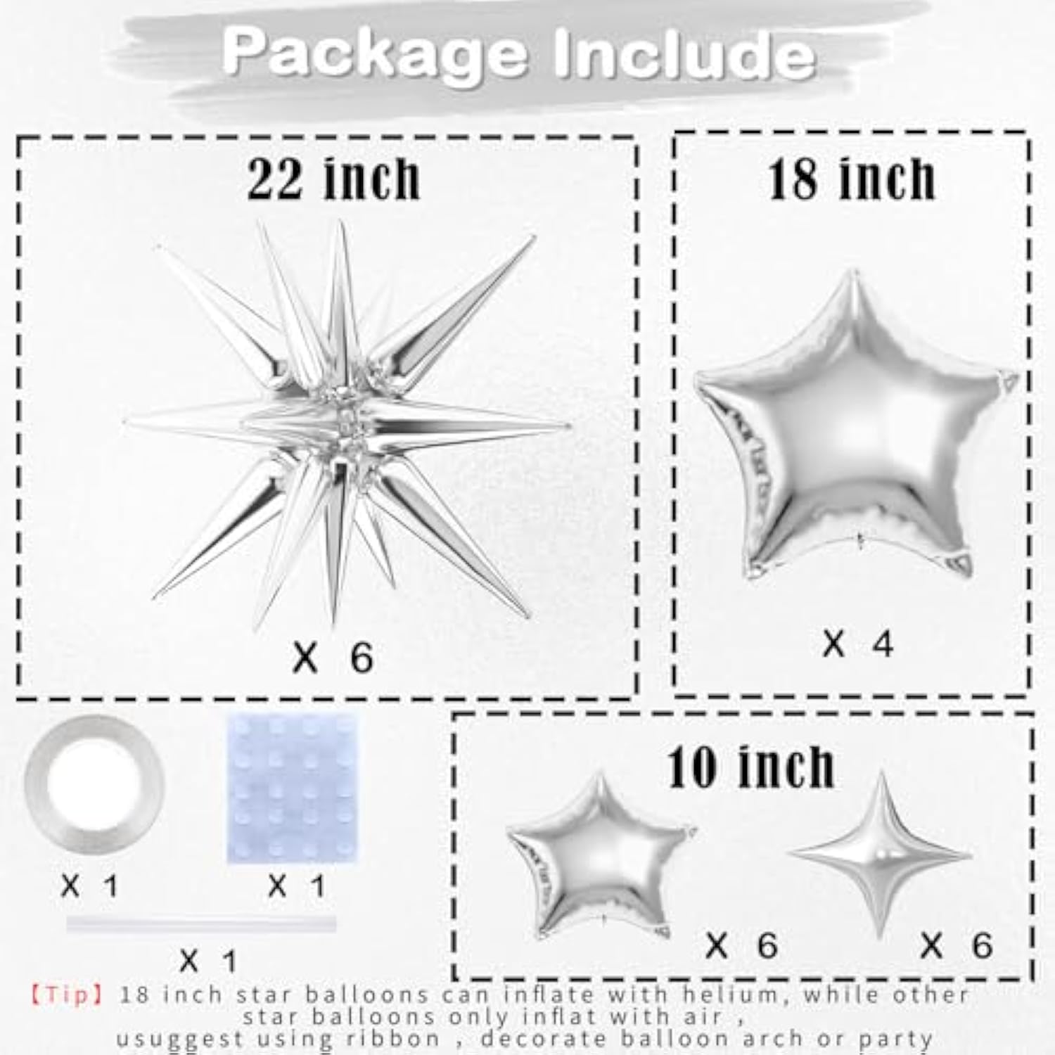 22 Pcs Silver Star Balloons,22/18/10 Inch Star Foil Mylar Balloon,Spike Balloon And Four Pointed Balloons For Party Supplies Christmas Birthday Wedding Photo Booth (Silver)