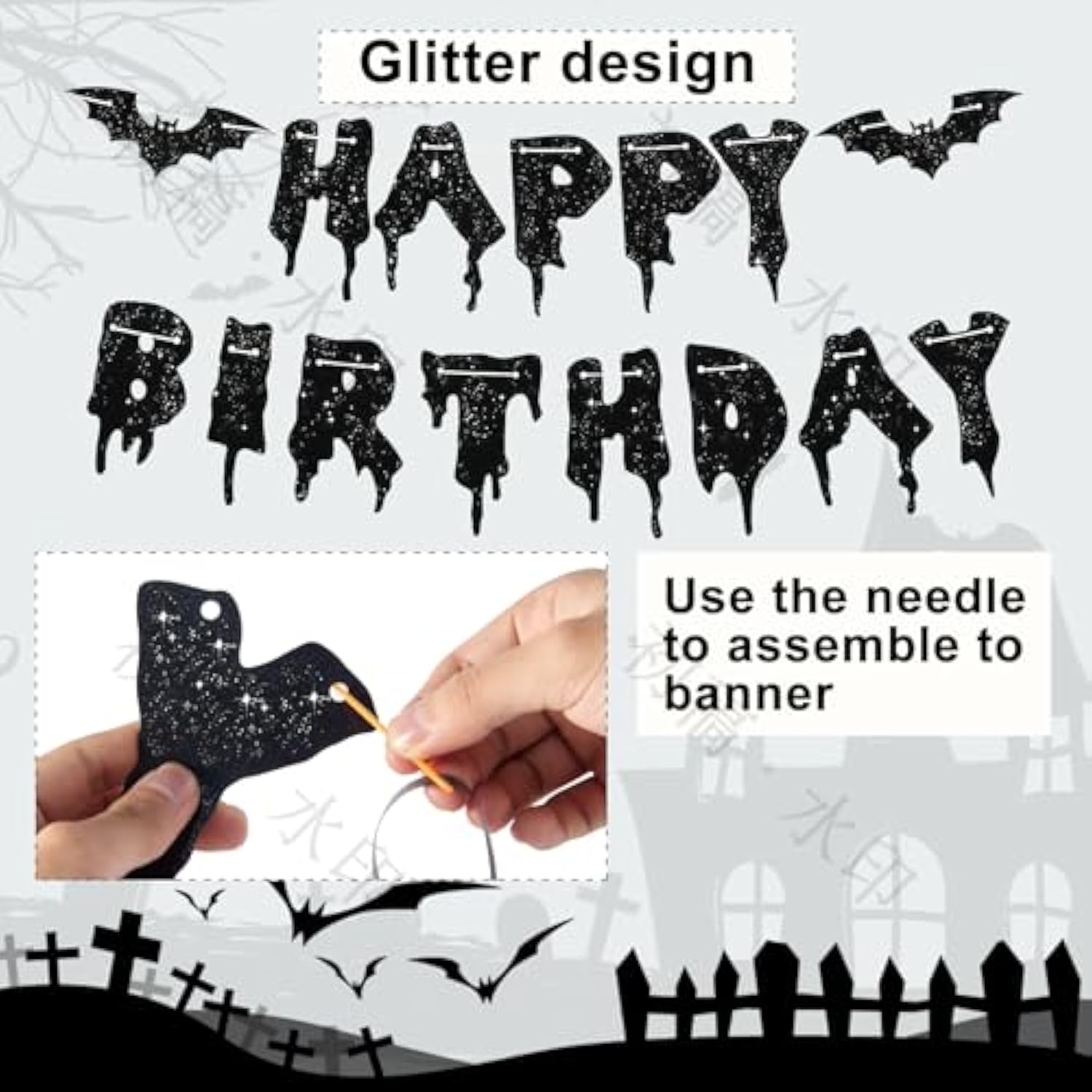 Halloween Birthday Party Decorations Glitter Banner Foil Curtain Black Orange Balloons Bat Stickers