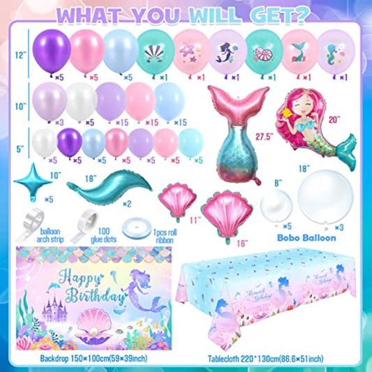 Little Mermaid Party Decorations Birthday Supplies Girls, Pink Purple Balloon Arch & Backdrop Tablecloth & Bobo Balloon Tail Shell Foil Balloon Printed Balloon, Princess Mermaid Birthday Decor