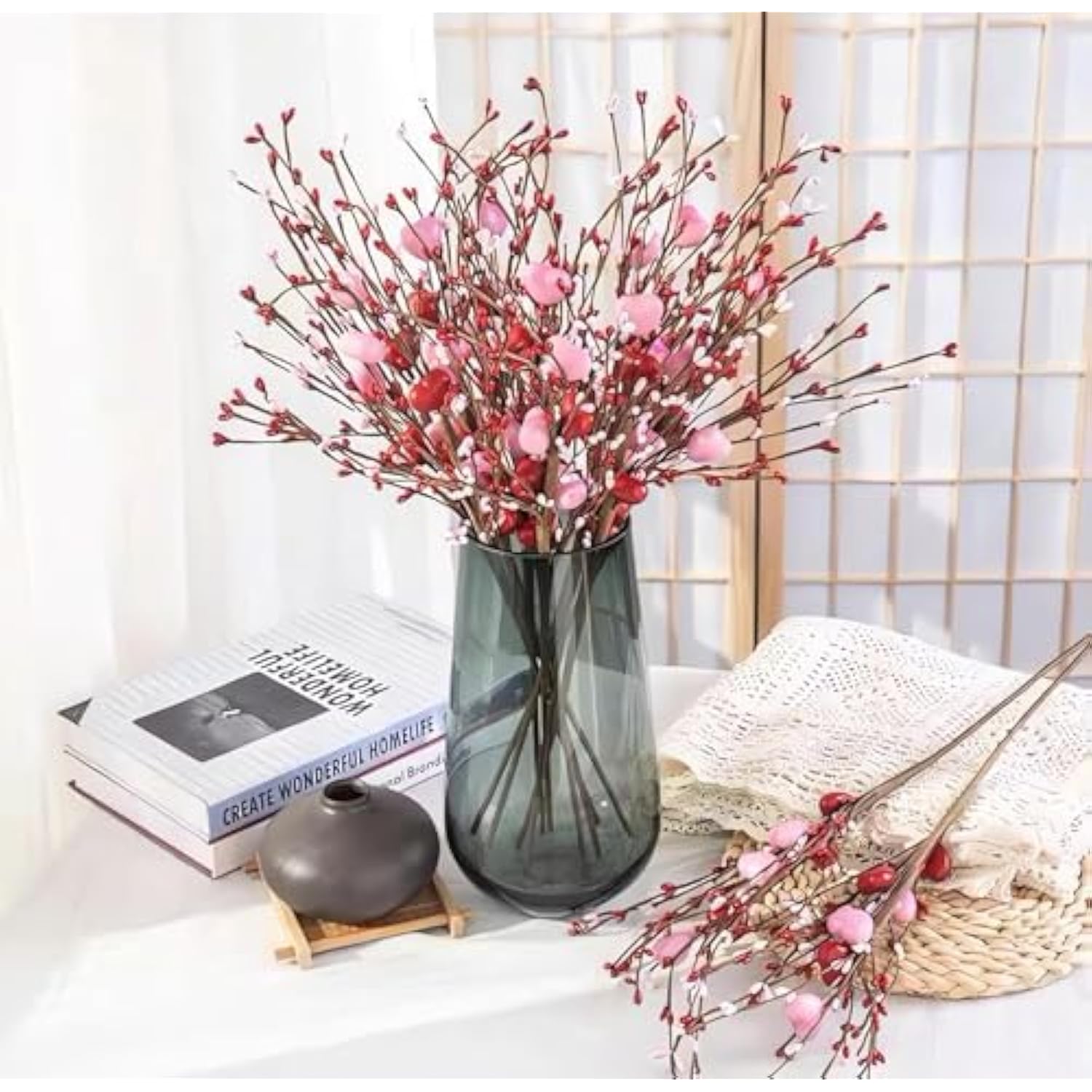 Valentines Day Decorations 4 Pcs Artificial Valentine Day Flowers Valentines Day Berry Picks With Red And Pink Heart Shaped For Valentine'S Day Anniversary Wedding Ornaments