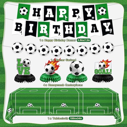 Soccer Birthday Party Decorations, 44Pcs World Soccer Party Decorations Included Happy Birthday Backdrop Tablecloth Cake Toppers Honeycomb Centerpieces for Soccer Party Supplies