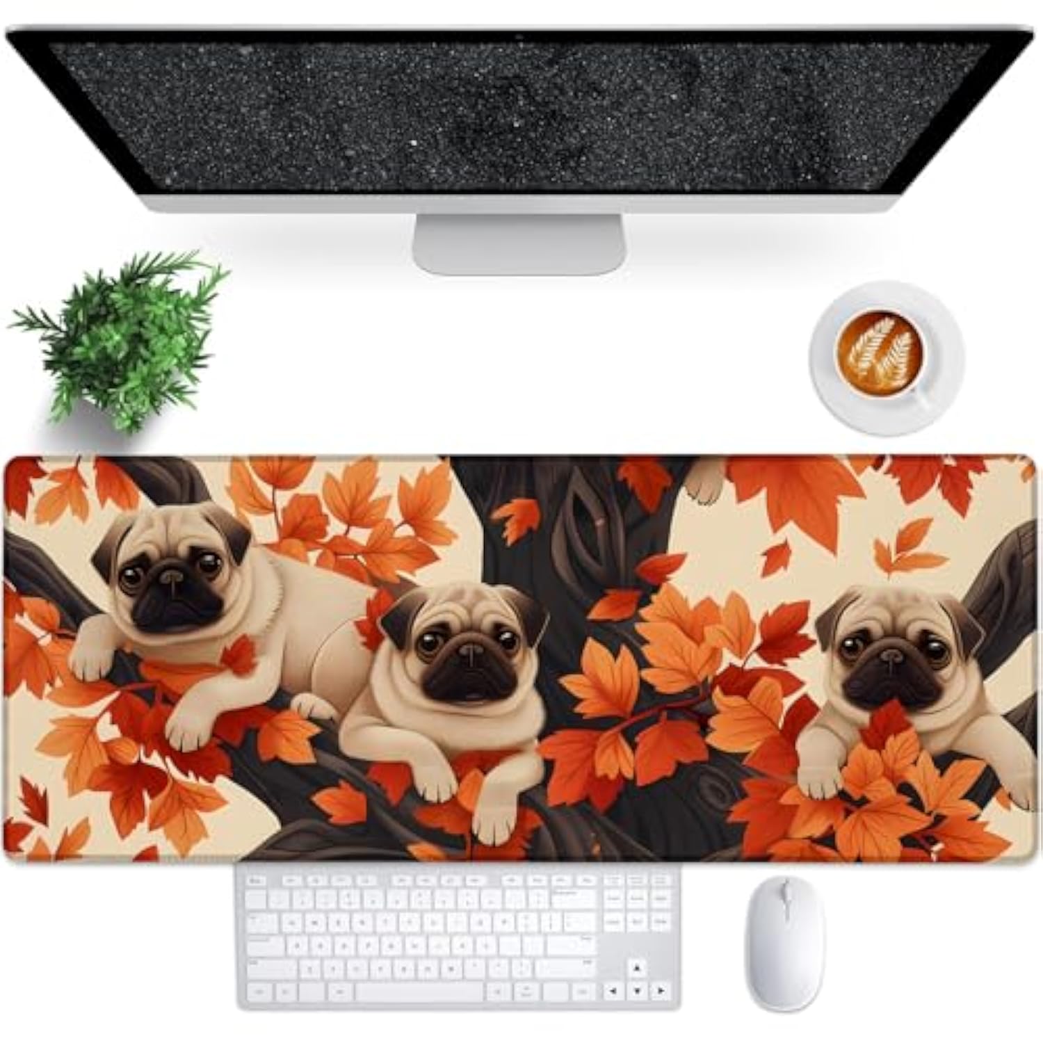 Cute Dog Gaming Mouse Pad, 31.5"×11.8" Extended Desktop Puppy Mouse Pads For Keyboard Laptop Computer, Large Desk Mat With Stitched Edges For Work Office Desk Decor (Autumn Pug)