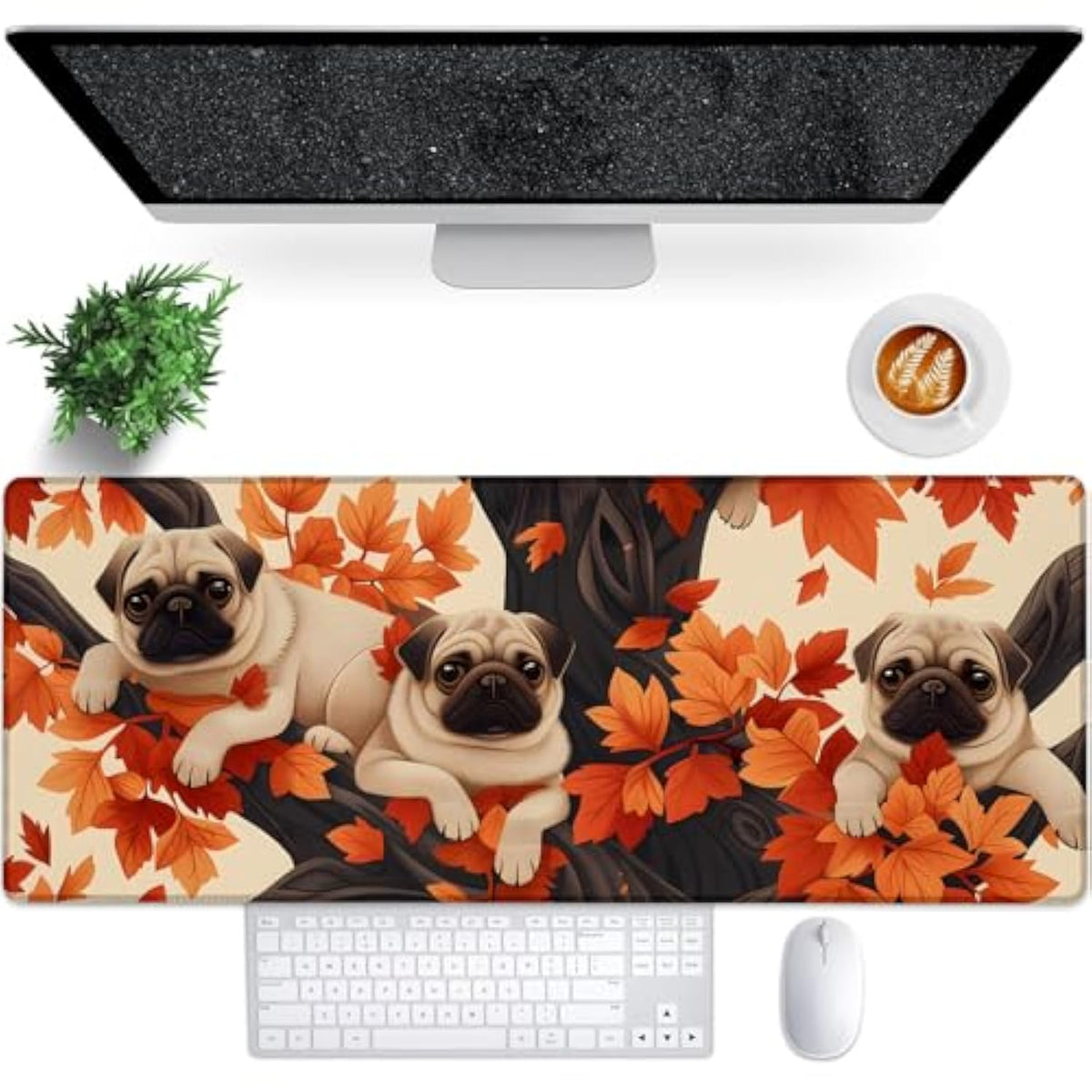 Cute Dog Gaming Mouse Pad, 31.5"×11.8" Extended Desktop Puppy Mouse Pads For Keyboard Laptop Computer, Large Desk Mat With Stitched Edges For Work Office Desk Decor (Autumn Pug)