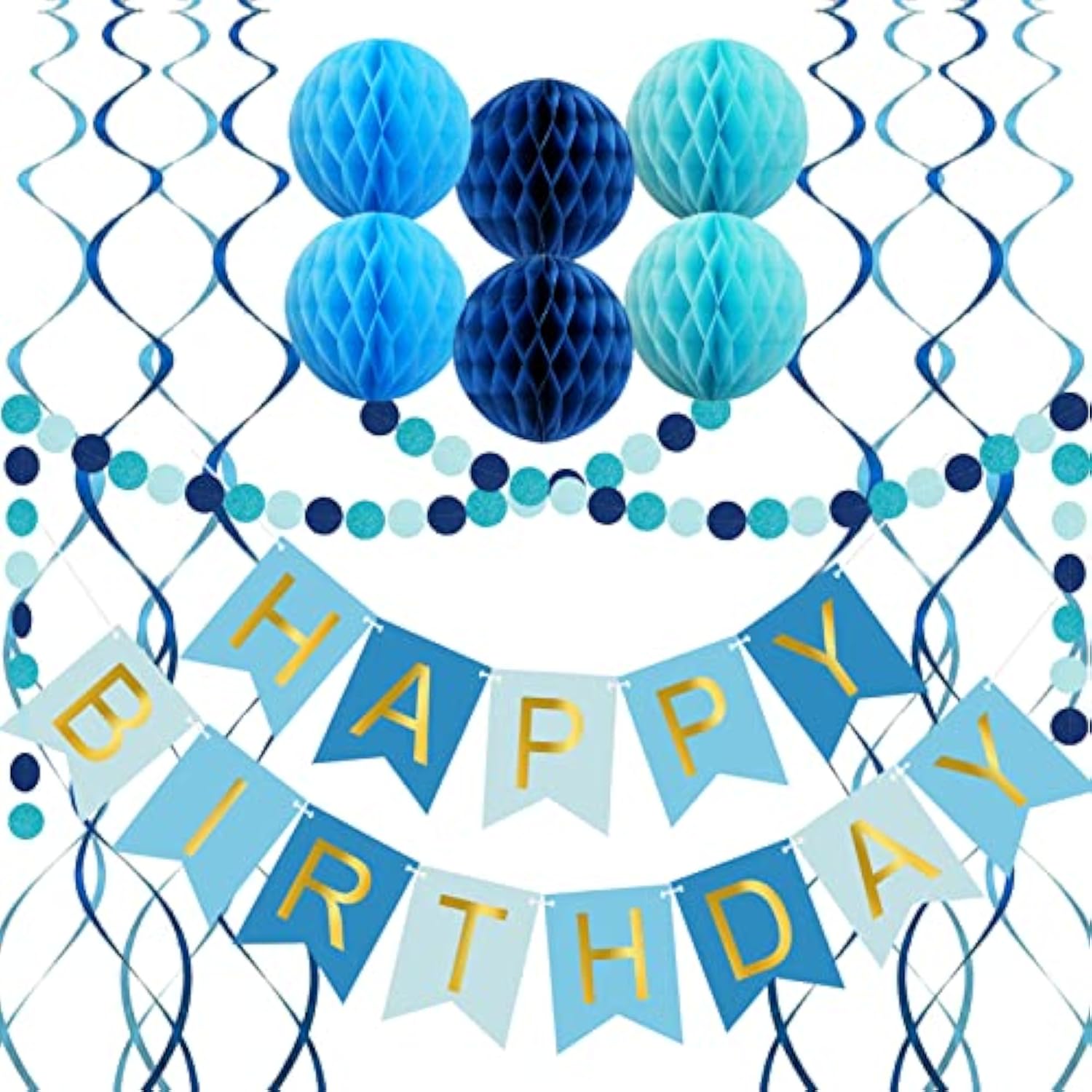 Blue Birthday Decorations Banner Honeycomb Balls Circle Garland Hanging Swirls