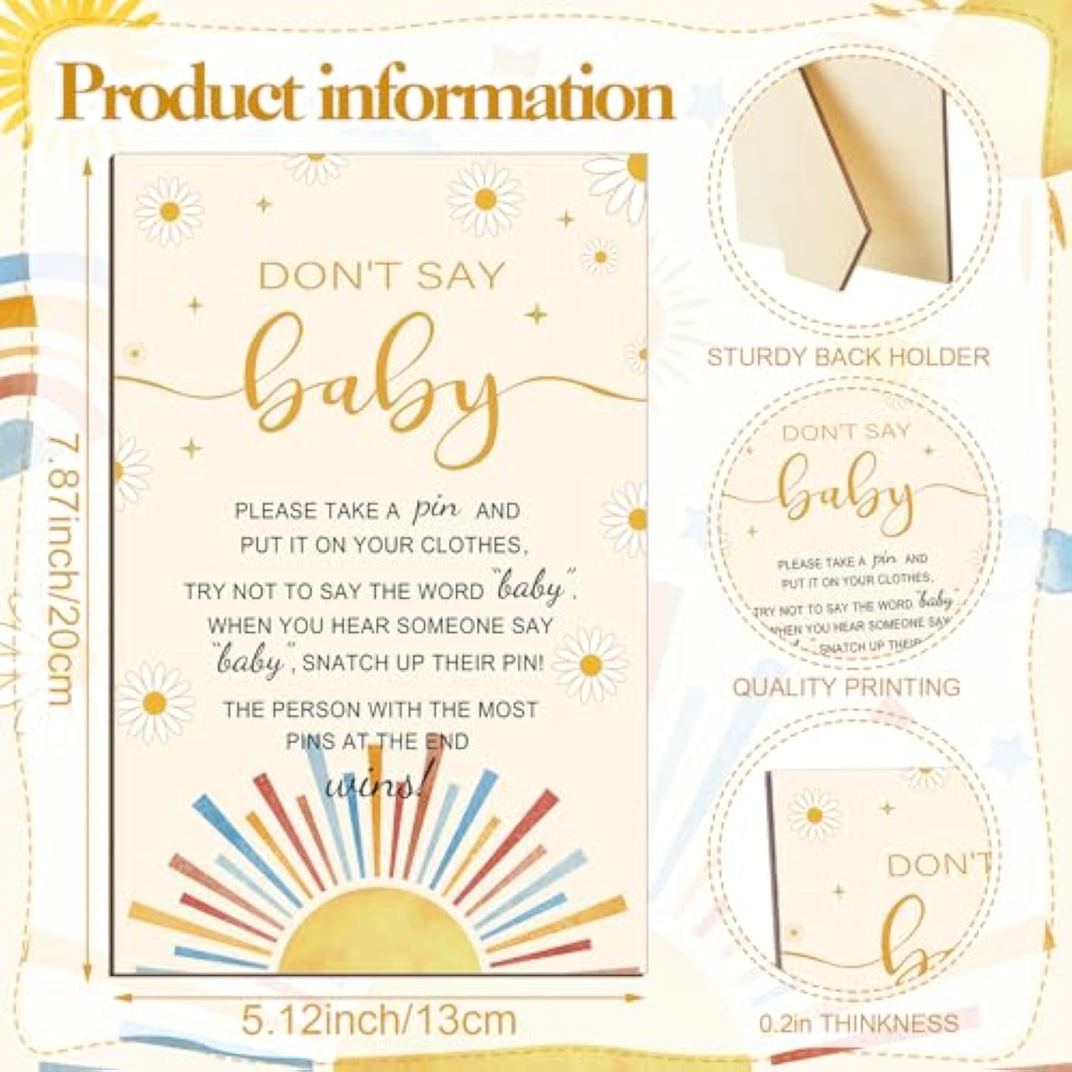 321 Pcs Baby Shower Games Supplies, 5 Sets (50 Cards Each) Activities Cards With 20 Pencils 1 Don'T Say Baby Sign 50 Clothespin (Here Comes The Sun)