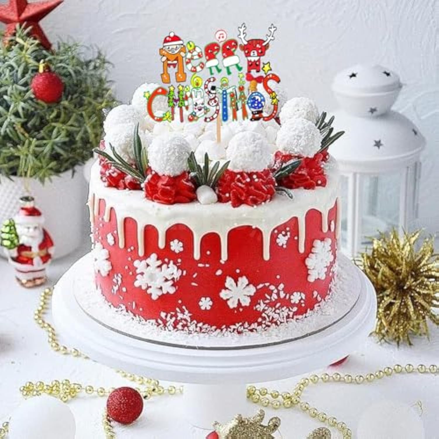 Christmas Cake Topper with Red Glitter Tree, Deer, and Santa Hat Decorations