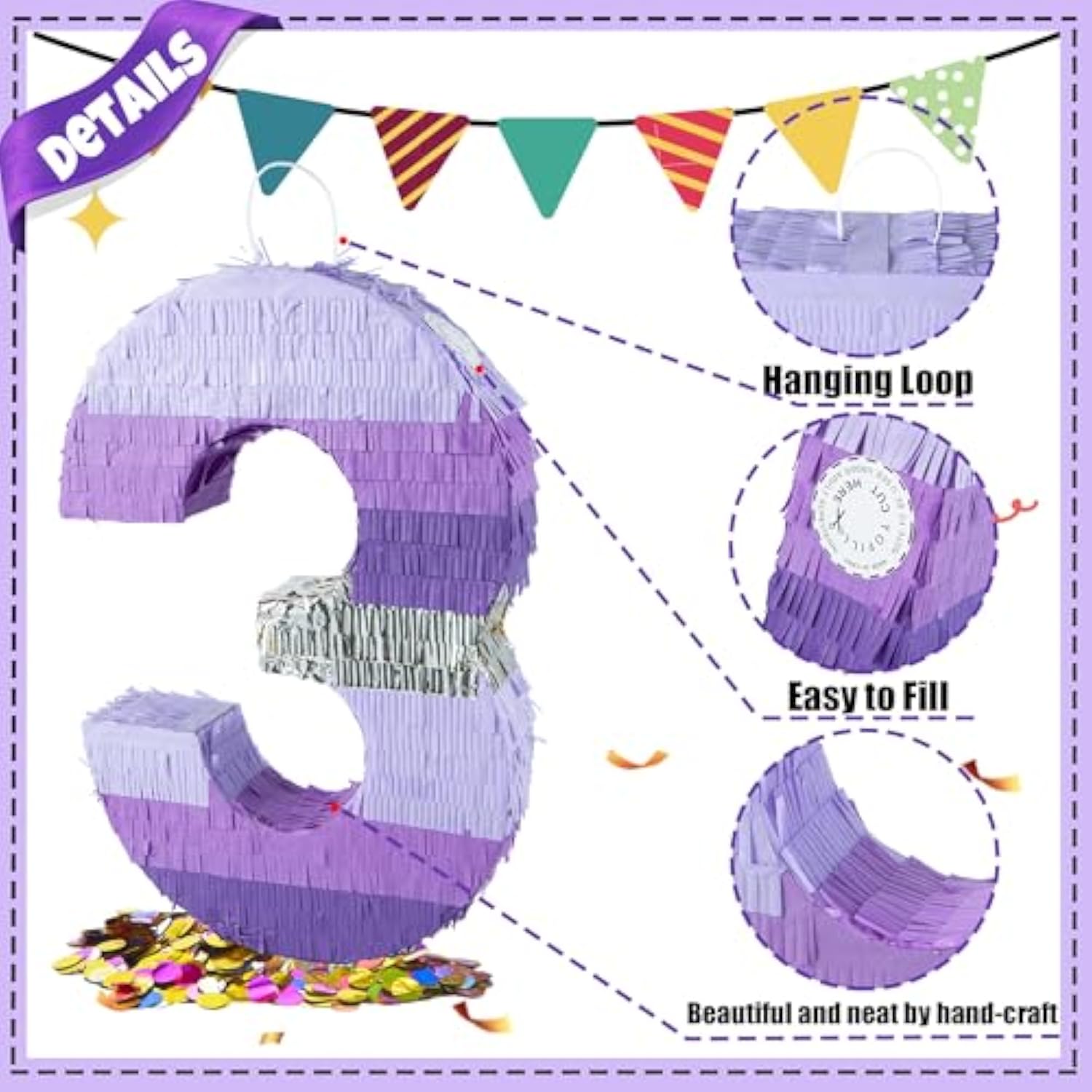 20 Inch Number 3 Piñata Purple Silver With 30 Inch Piñata Stick Blindfold Confetti For Boy Girl Kids Birthday Party Decorations, Anniversary Celebration, Fiesta