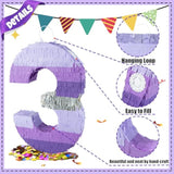 20 Inch Number 3 Piñata Purple Silver With 30 Inch Piñata Stick Blindfold Confetti For Boy Girl Kids Birthday Party Decorations, Anniversary Celebration, Fiesta