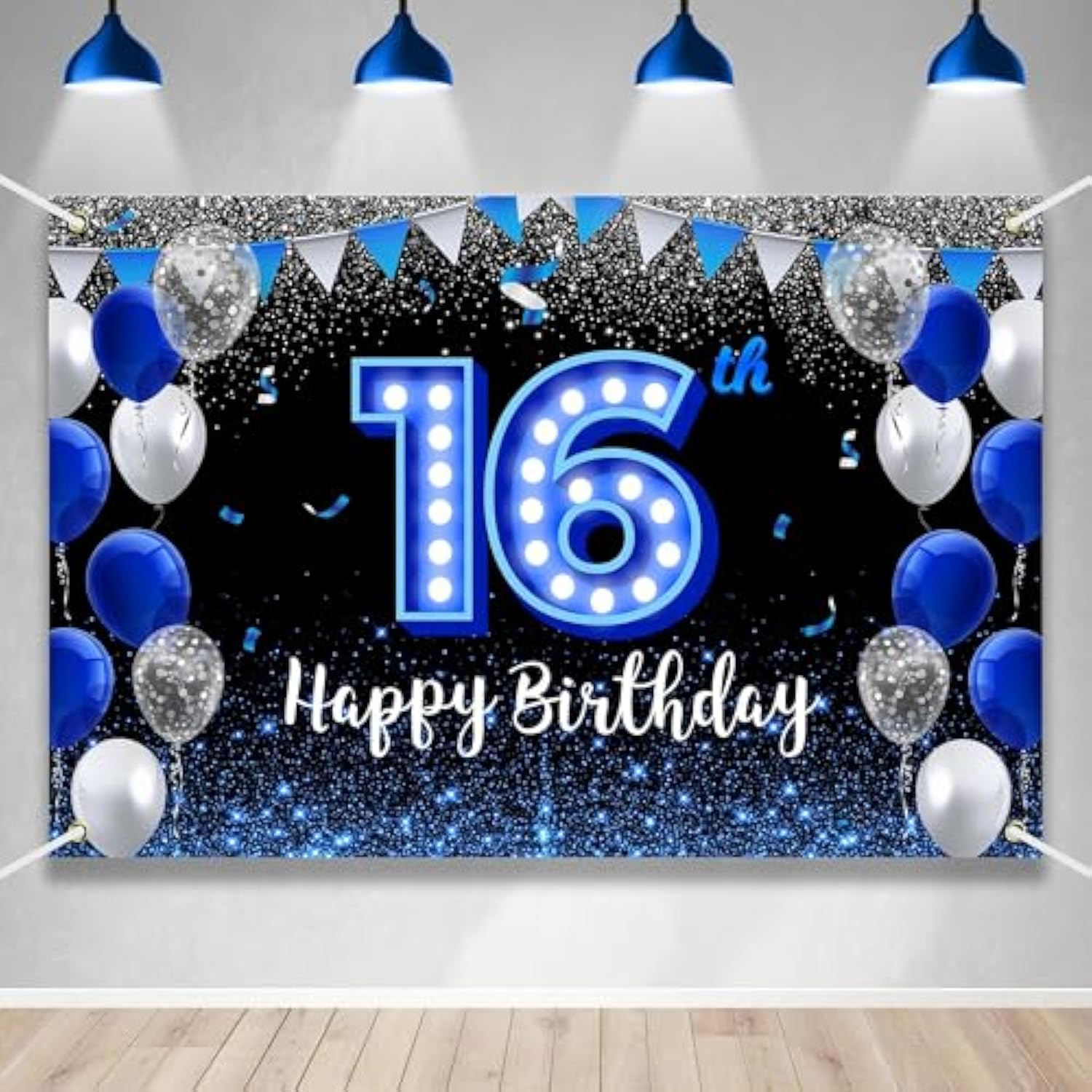 Happy 16Th Birthday Backdrop Banner Blue Black Theme Background With Blue Neon Light Shiny Fashion Birthday Party Photo Photography Prop Booth Background For Boys Girls Celebration 70.8X47.2In-