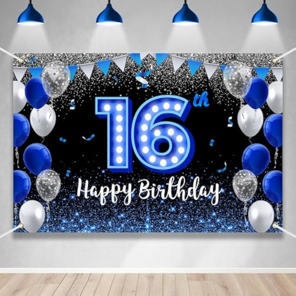 Happy 16Th Birthday Backdrop Banner Blue Black Theme Background With Blue Neon Light Shiny Fashion Birthday Party Photo Photography Prop Booth Background For Boys Girls Celebration 70.8X47.2In-
