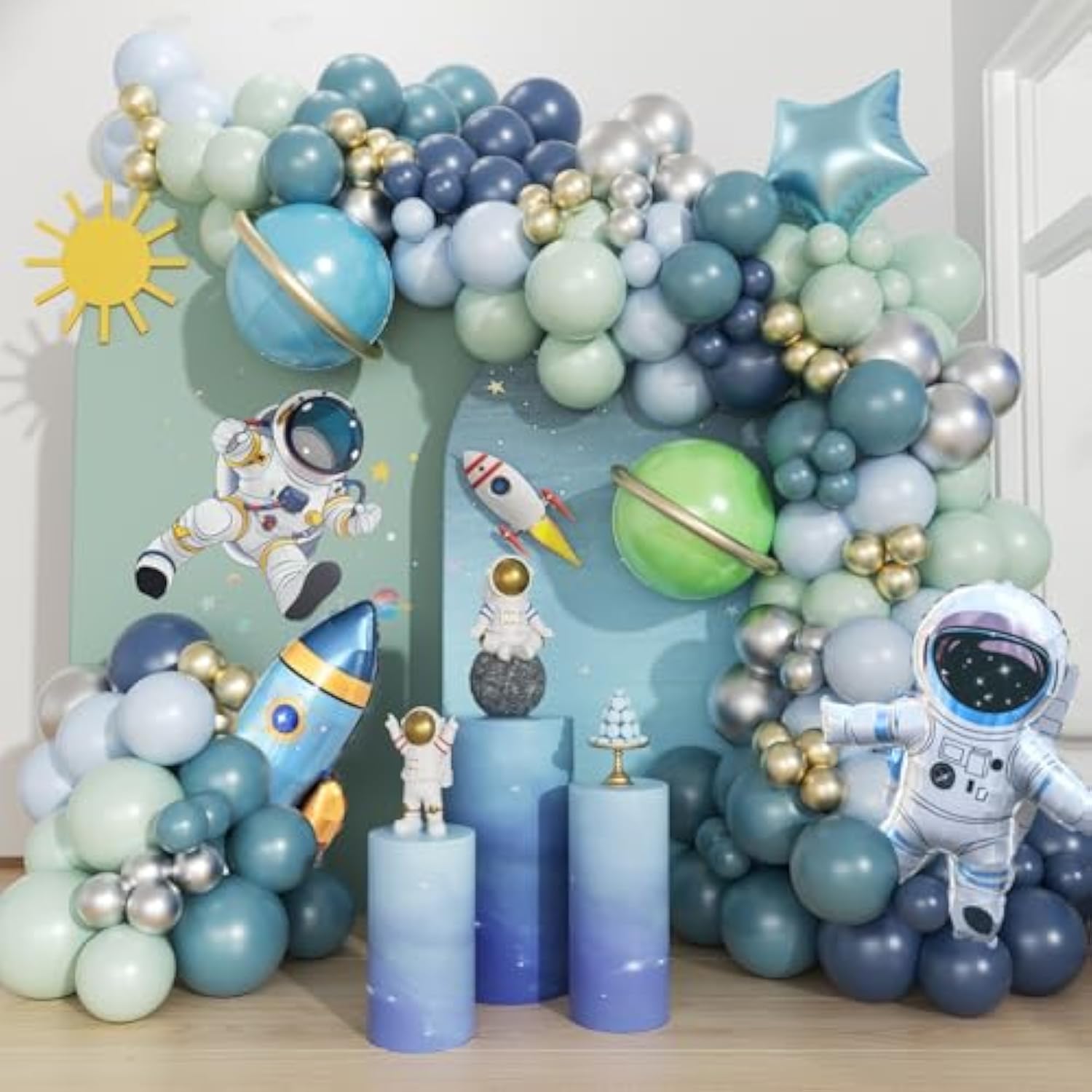 167Pcs Space Balloons Arch Kit - Outer Space Party Decorations With Astronaut Rocket Blue Green Balloons For Baby Shower