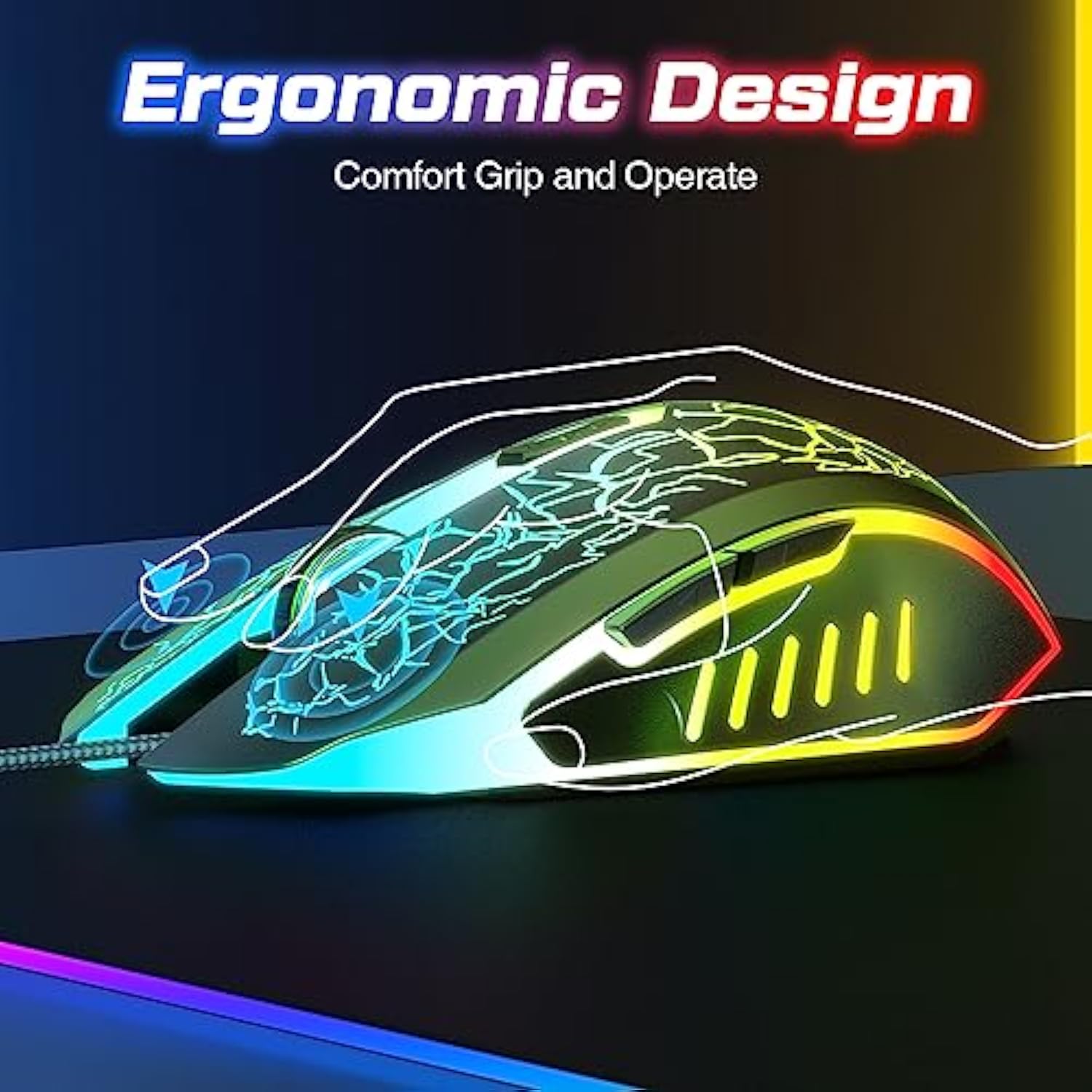 Wired Gaming Mouse, Computer Mouse Ergonomic Mice With 7 Led Lights Rgb Backlit, 6 Programmable Buttons, 4 Adjustable Dpi For Laptop Pc Gamer Desktop Chromebook Mac Games-Black