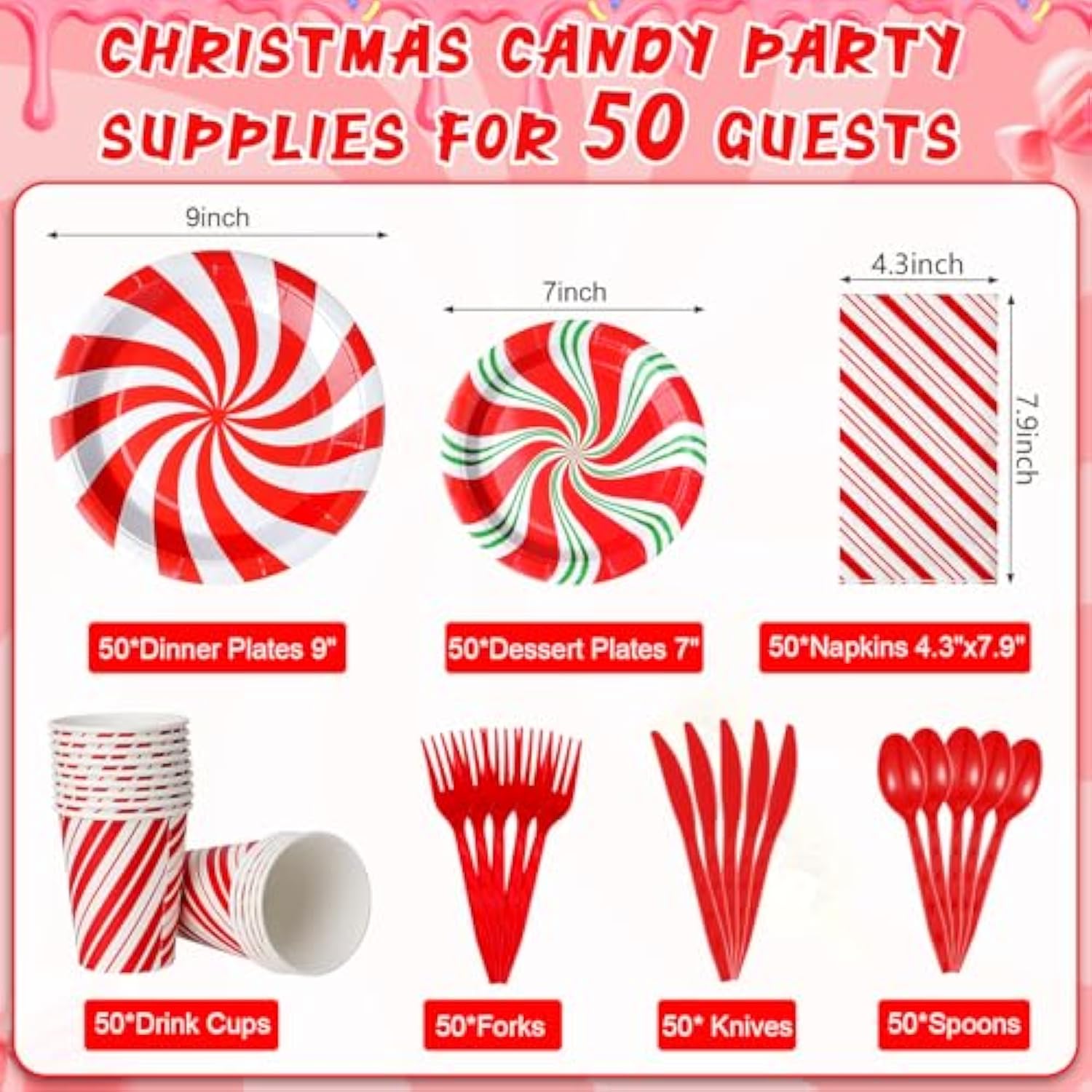 Candy Cane Party Plates Supplies - Peppermint Swirl Red Green Paper Plate Napkins Cup Knives Spoon Fork - Serve 50 For Christmas Holiday Party Decorations