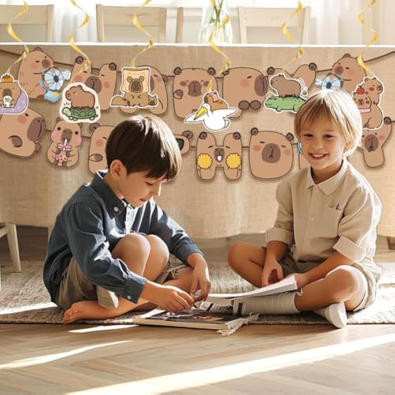 Capybara Birthday Decor Set with Banner, Swirls, Toppers and Balloons