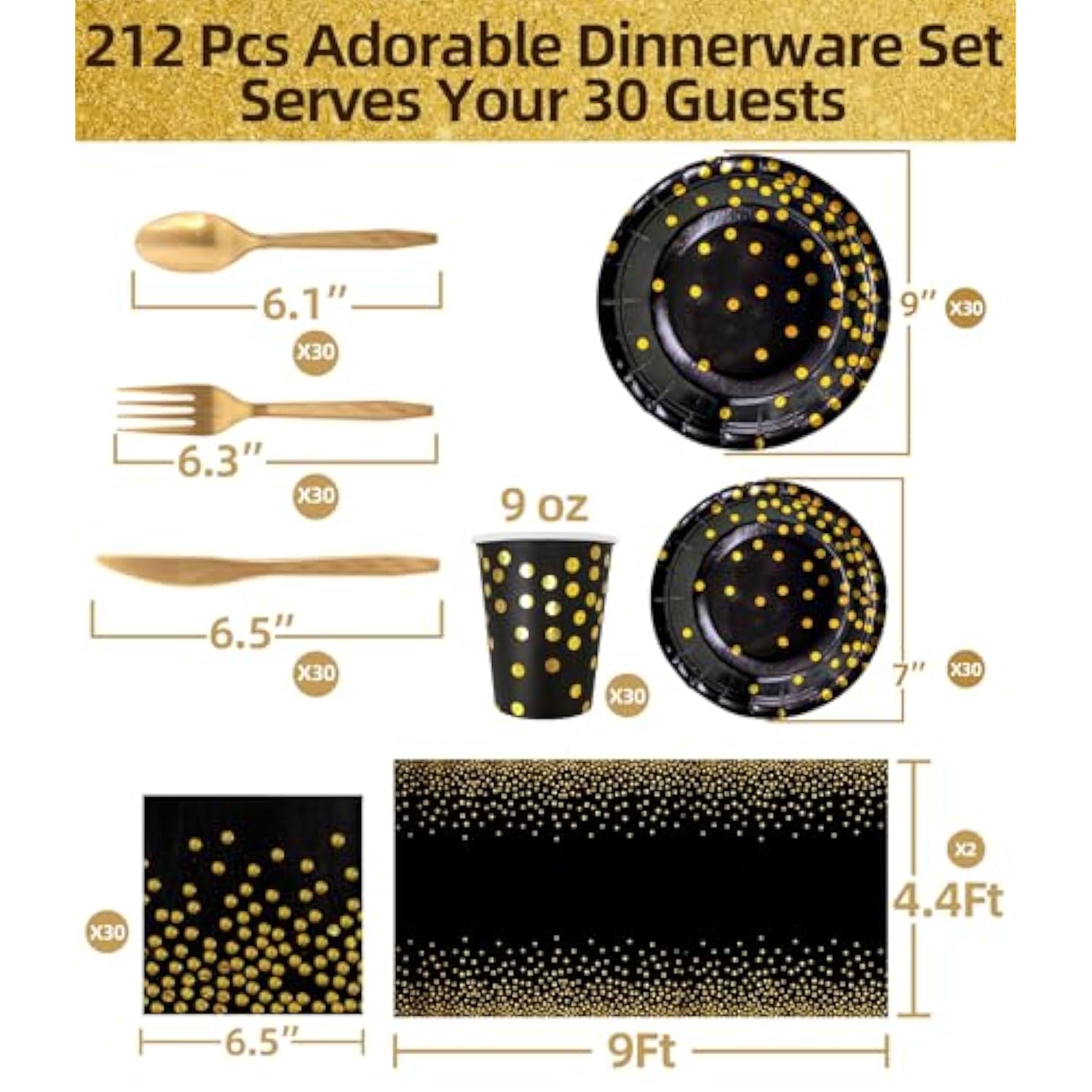 212 Pcs Black Gold New Year Disposable Plates, Napkins, Cups, and Tableware for 30