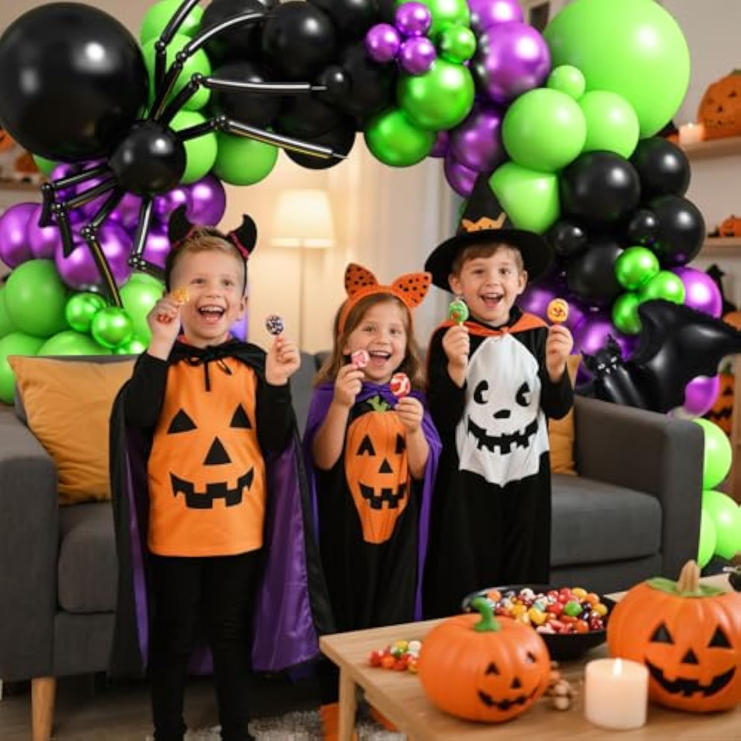 Halloween Balloon Arch Kit: Purple, Black & Lime Green with Bat Foil