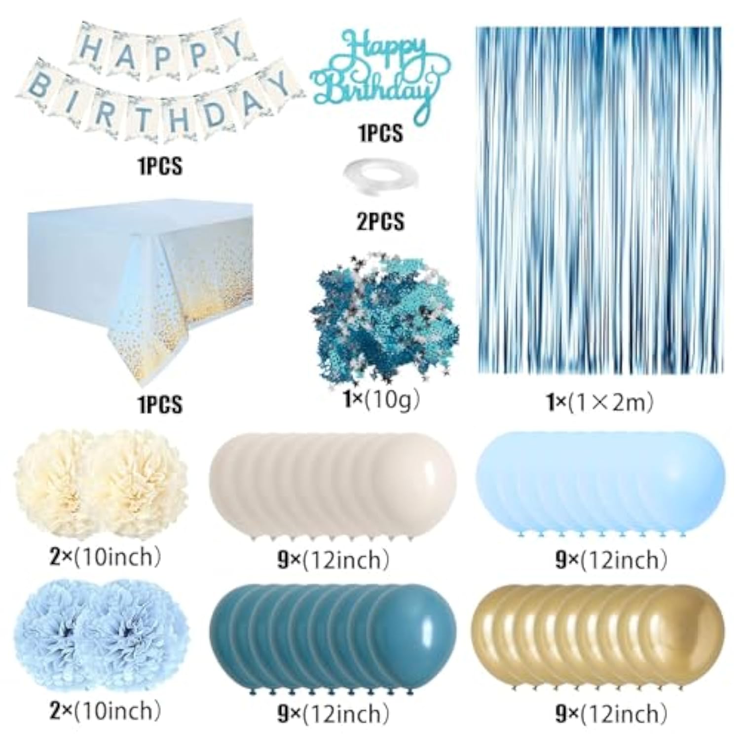 Dusty Blue & Gold Birthday Decor Set - Balloons, Banner, Pom Poms, Curtain and Tablecloth