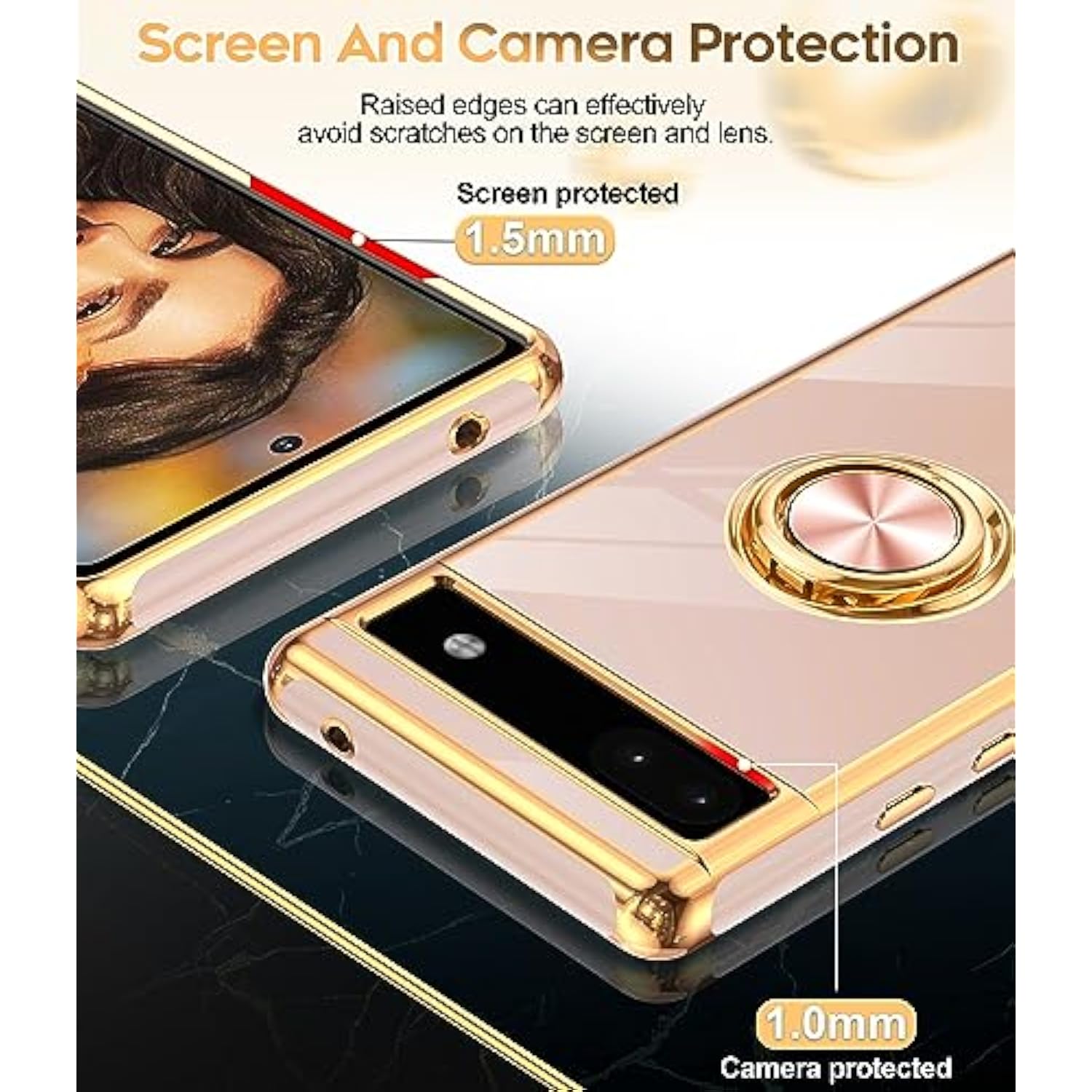 For Pixel 6A Case: With Tempered Glass Screen Protector [2 Pack] 360° Rotatable Ring Holder Magnetic Kickstand, Plating Rose Gold Edge For Google Pixel 6A Case, Pink