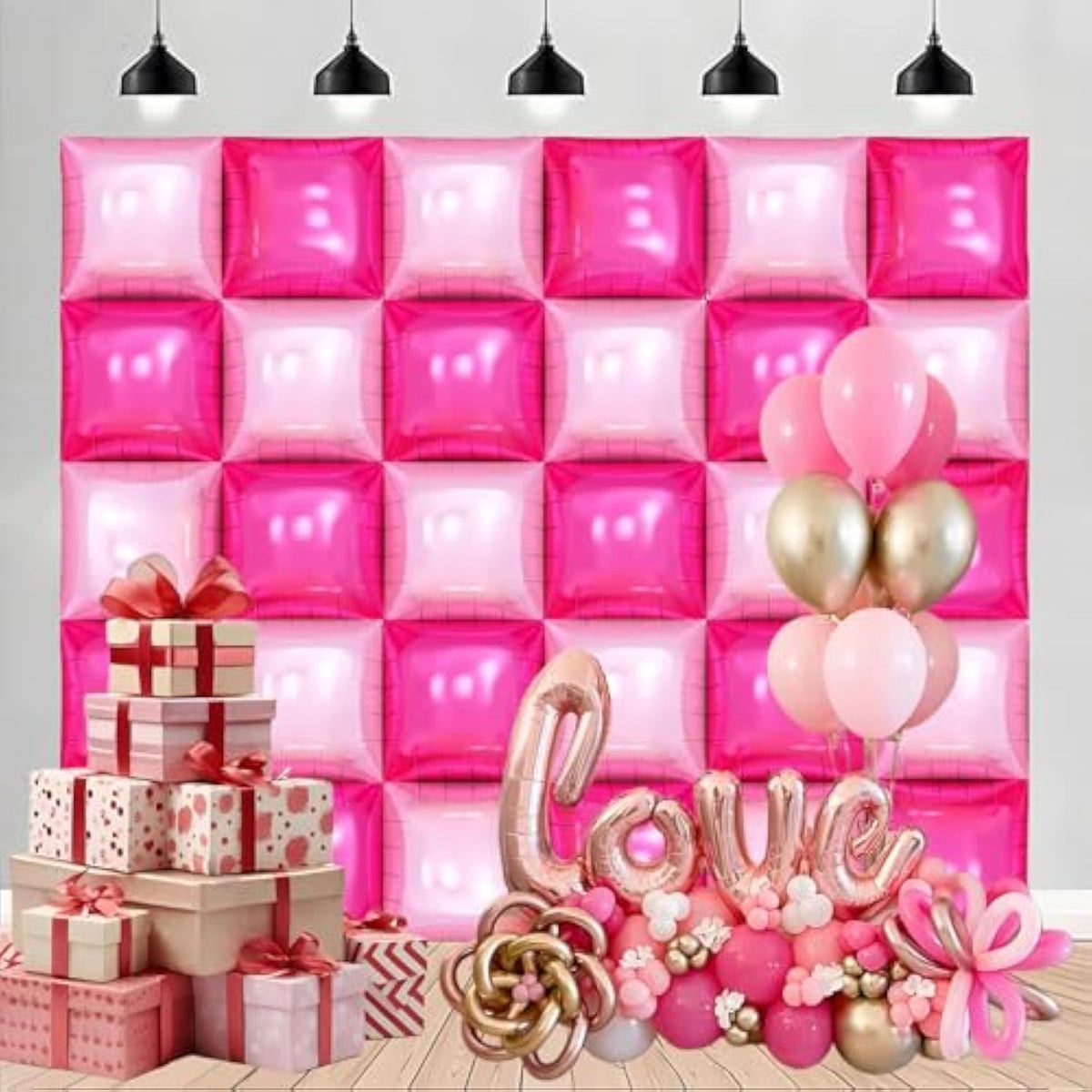 Metallic Rose And Hot Pink Square Foil Balloons Wall - 19 Inches Square Balloons Tunnel Arch Garland Kit For Valentines Day Decorations, Bridal Shower Decorations, Bachelorette