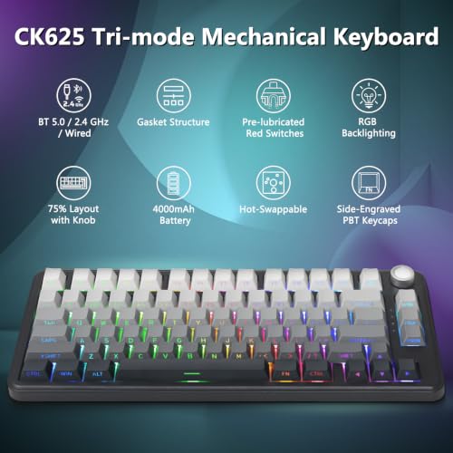 75% Wireless Mechanical Gaming Keyboard, Bluetooth/2.4G/Usb Wired, Creamy Sound, Rgb Backlit, Hot Swappable Pre-Lubed Linear Switches, Volume Knob, Custom Gasket Structure For Win/Mac, White
