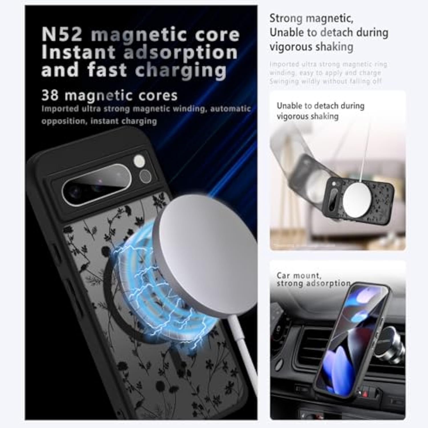 Magnetic Case For Google Pixel 8 Pro [Compatible With Magsafe] Black Flower Floral Pattern Case For Women Girls Soft Tpu Bumper Hard Pc Back Anti-Fall Shockproof Protective Slim Cover A9