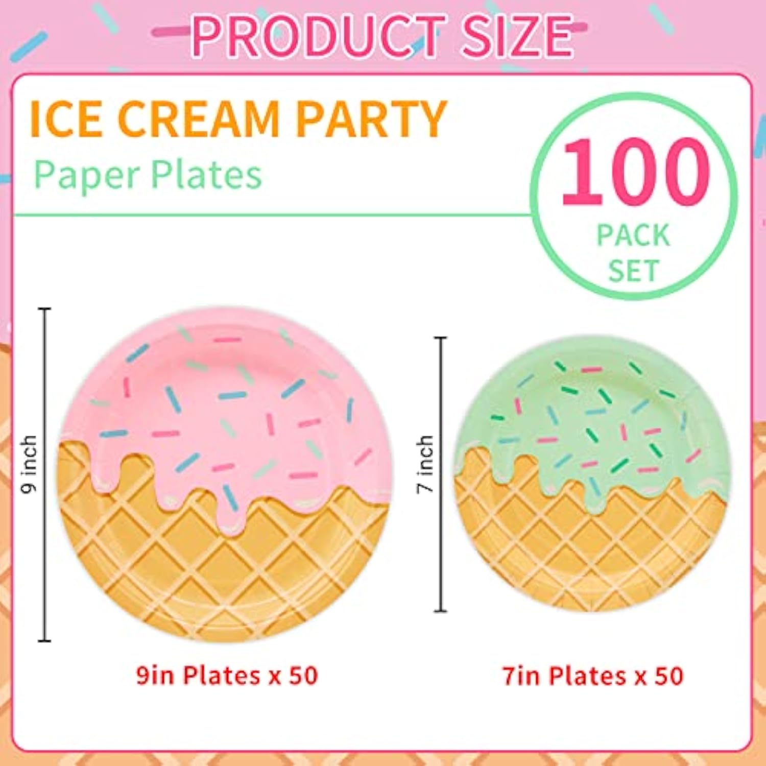 100PCS Ice Cream Party Plates - Disposable Tableware Set for 50 Guests