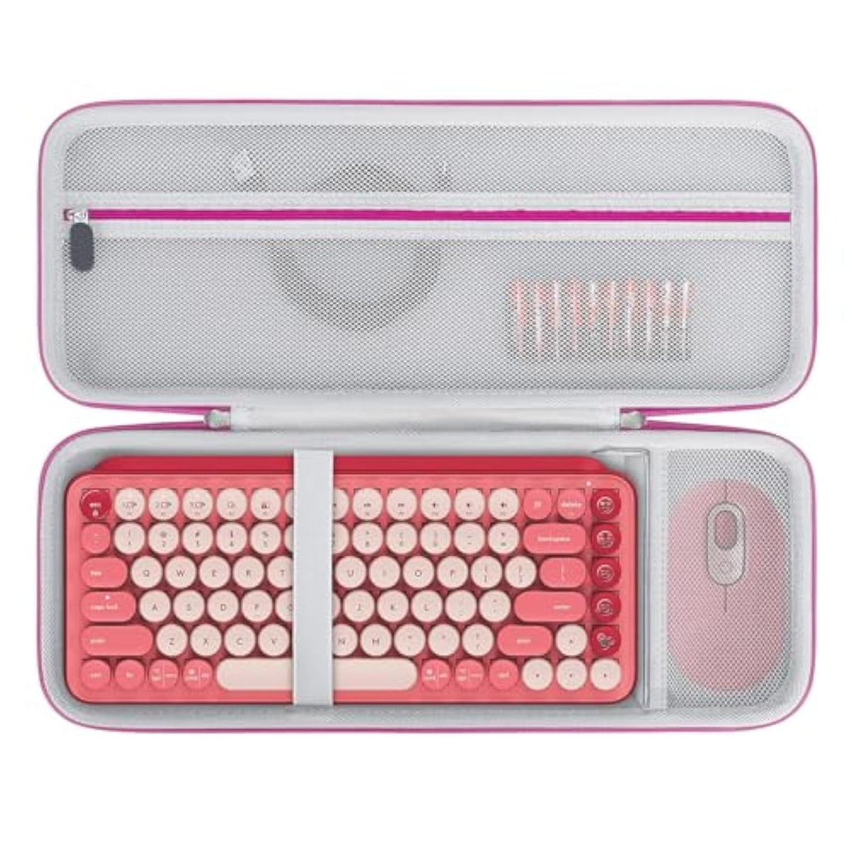 Hard Carrying Case Compatible With Logitech Pop Keys Mechanical Wireless Keyboard And Pop Wireless Mouse Combo, Mesh Zipper Bag For Cables, Batteries, Emoji Keys, Rose