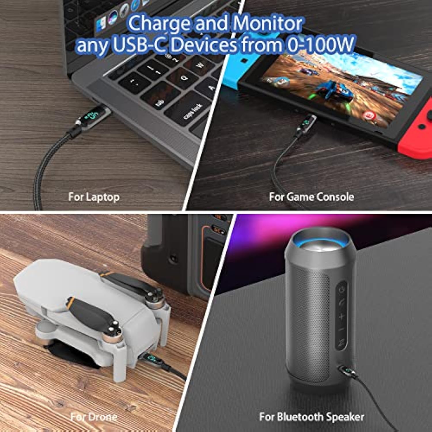 100W 4Ft Usb C To Usb C Cable Fast Charge, Nylon Braided Cable With Led Displa