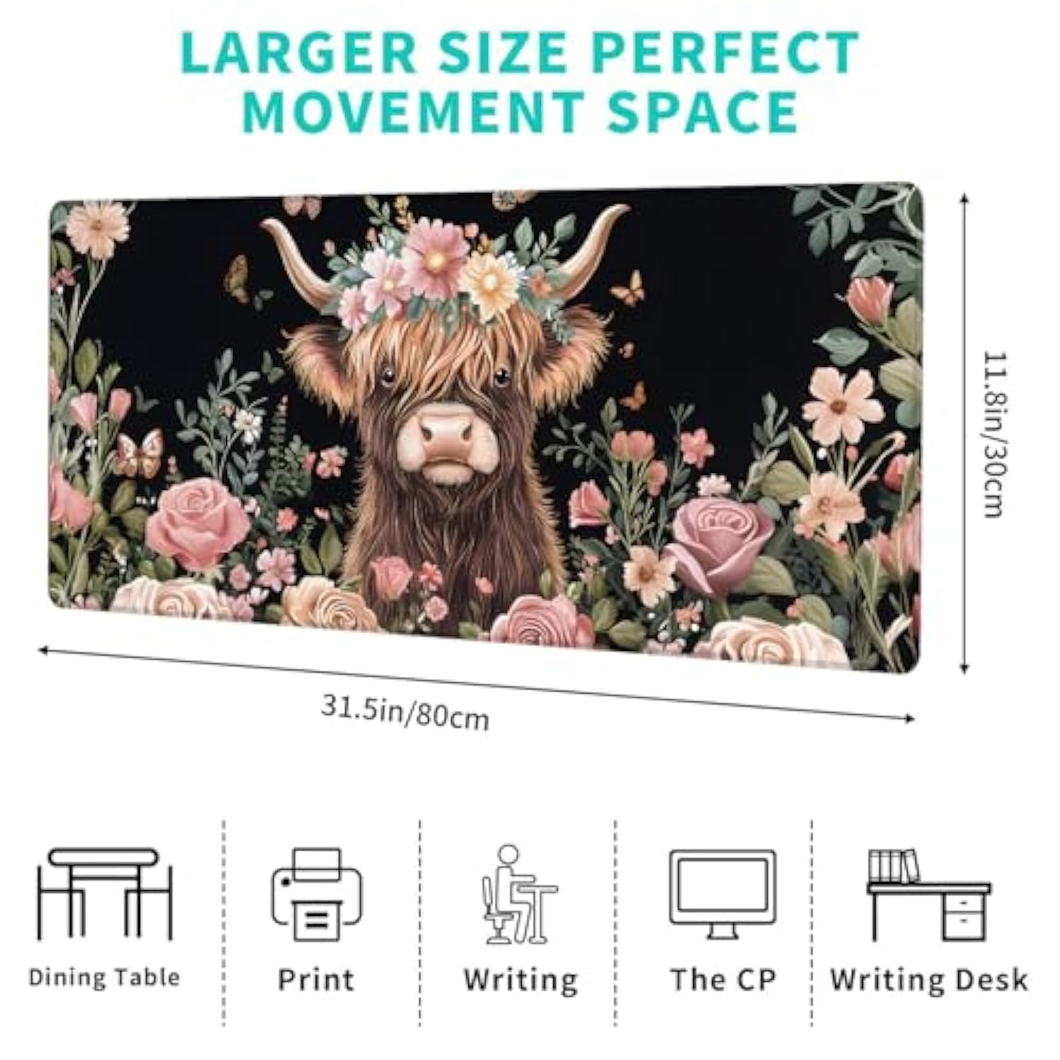 Highland Cow Gaming Mouse Pad,12X31.5In Non-Slip Rubber Farmhouse Cattle Desk Mat,Large Extended Mousepad For Office Home Laptop,Mice Pads Gifts,Game Lover Deskmat Decor (Bull And Floral)