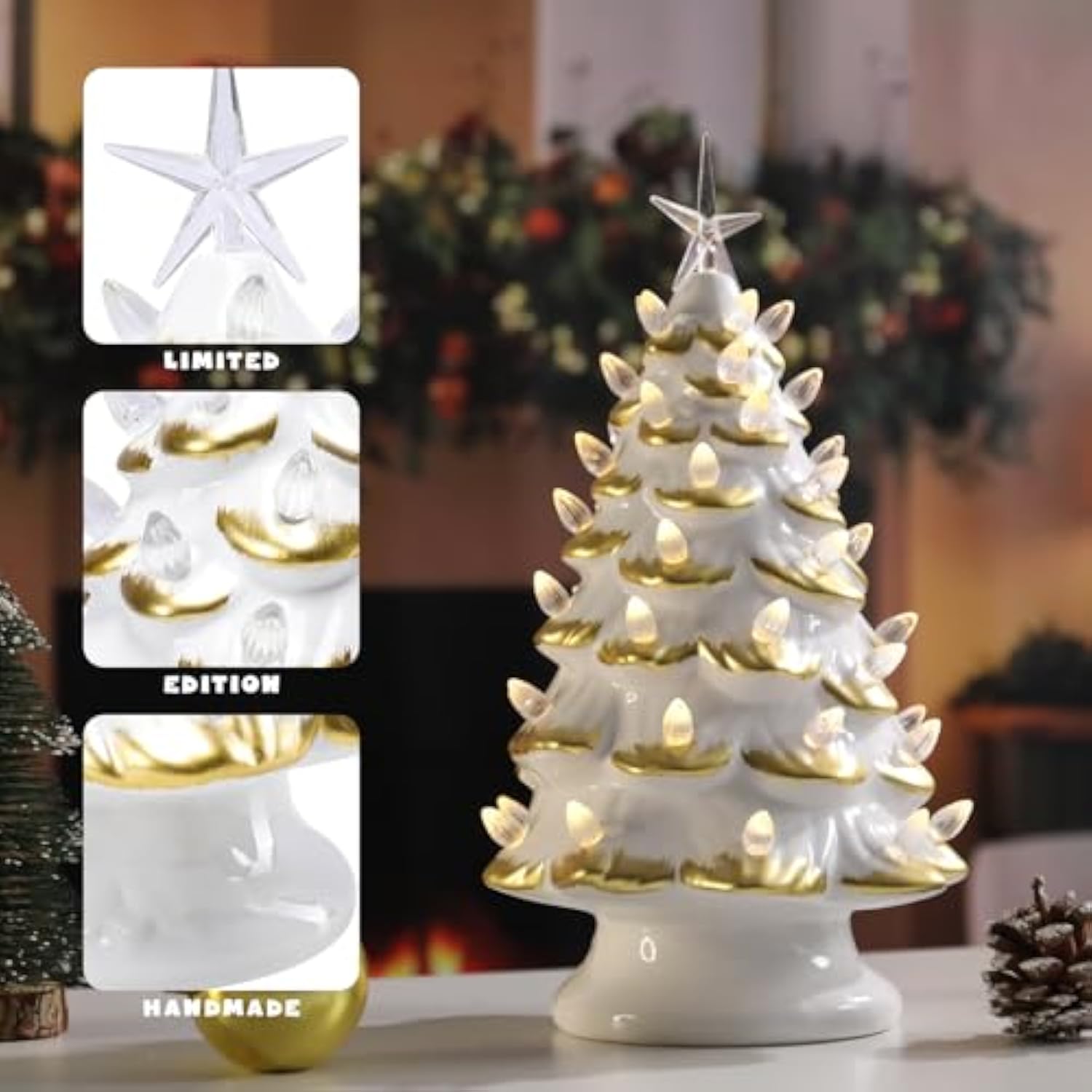 12.6-Inch Ceramic Christmas Tree With Led Lights, Battery Operated Pre-Lit White And Gold Tabletop Holiday Decor, Small Light-Up Christmas Ornament For Home And Office