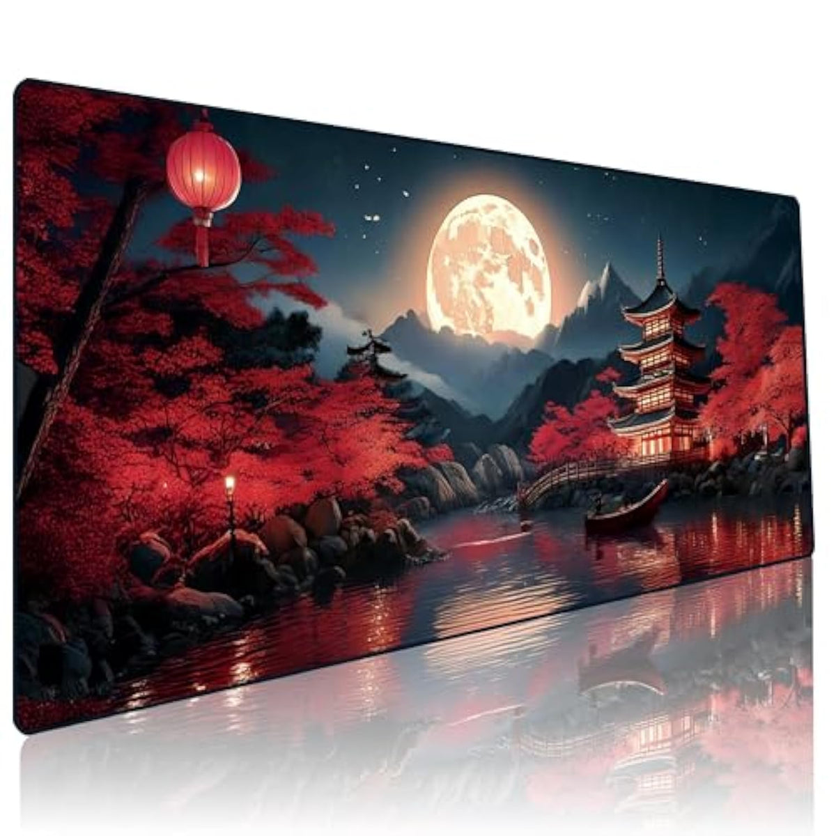 Japanese Mouse Pad, Large Japanese Desk Mat, Xl Anime Desk Mat, Non-Slip Rubber Base, Big Extended Desk Protector For Home Office, 31.5”X11.8” (Riverside Full Moon)