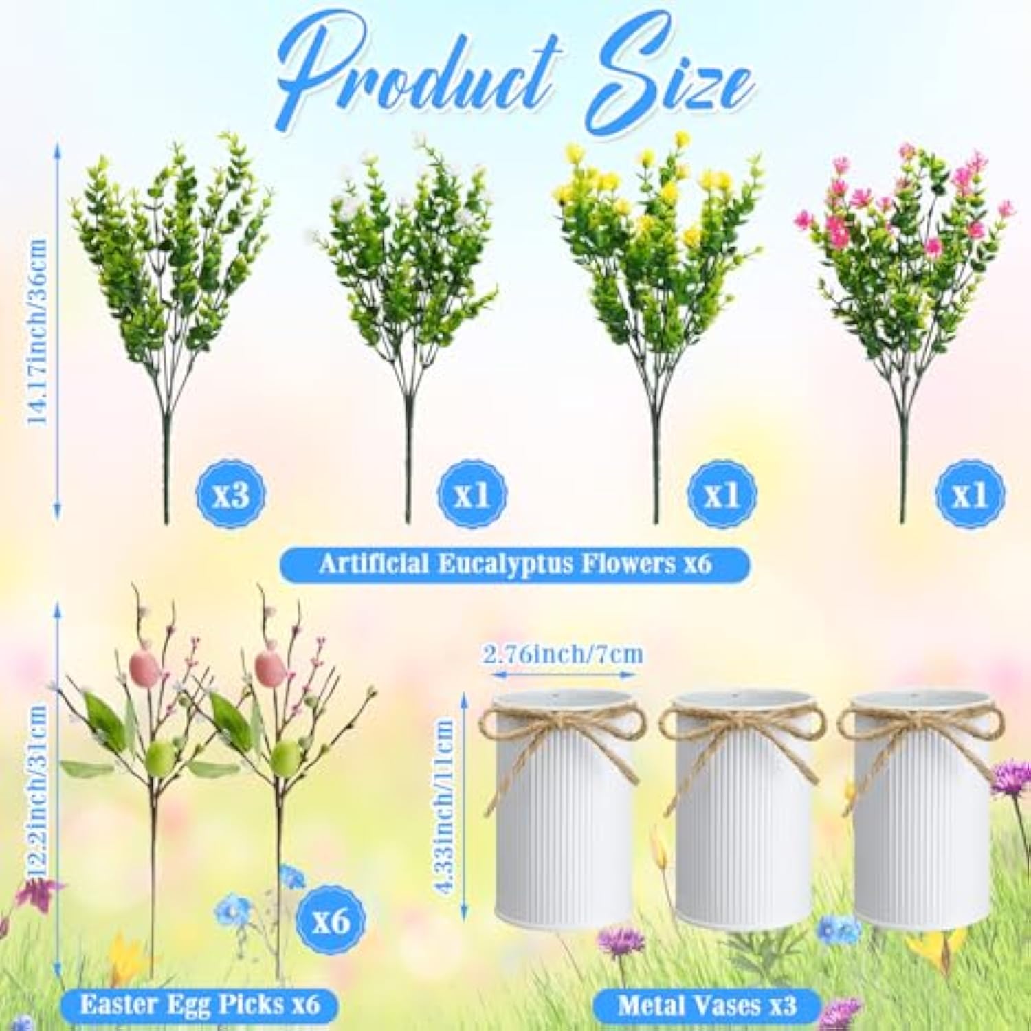 3 Set Easter Table Centerpiece Artificial Egg Picks With Metal Pots Easter Sprays With Eggs Berries Eucalyptus Flowers Plants For Spring Home Decor(White)