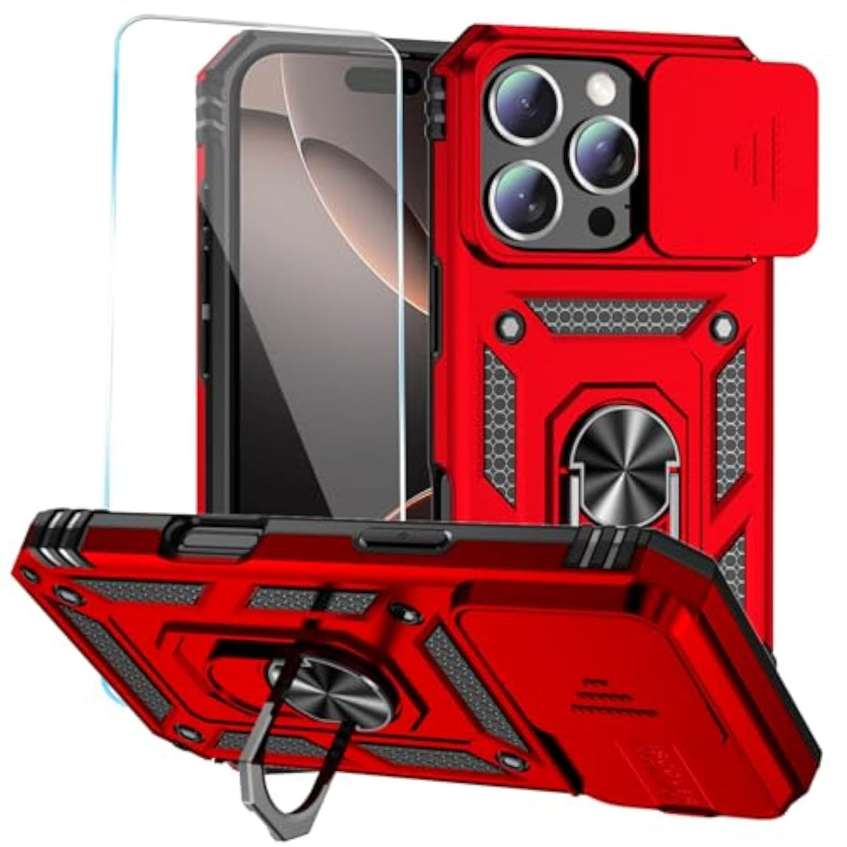 iPhone 16 Pro Max Case with HD Screen, Slide Camera Cover, Kickstand, Red