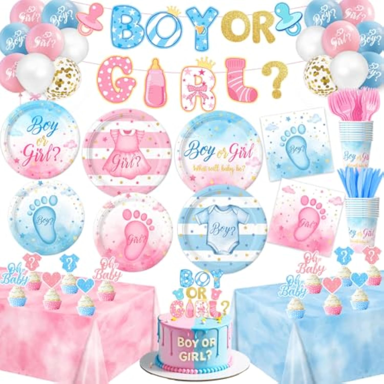 Gender Reveal Decorations Includes Plates, Napkins, Cups, Cutlery, Cake & Cupcake Toppers, Banner, Tablecloth, Balloons For Baby Gender Reveal Decorations, Serve 24