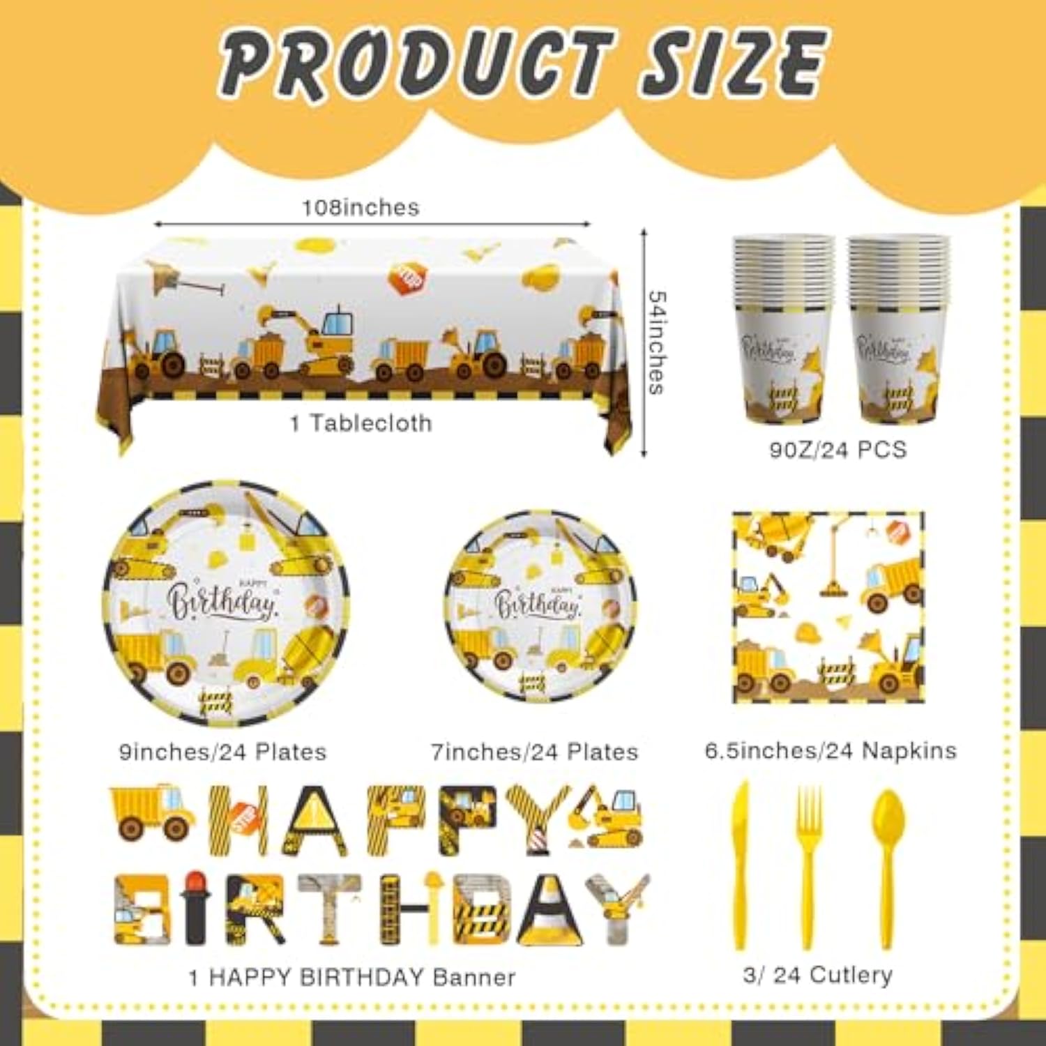 170PCS Construction Birthday Party Supplies Set with Banner, Plates, Cups & Tablecloths