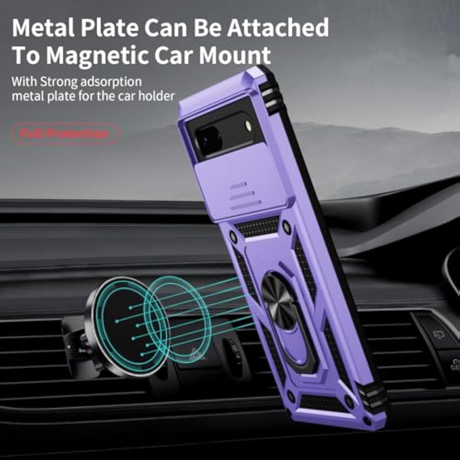 For Google Pixel 6A Case With Camera Lens Cover Hd Screen Protector, 10 Ft Military Grade Drop Protection, Magnetic Ring Holder Kickstand Protective Phone Case,Lavender