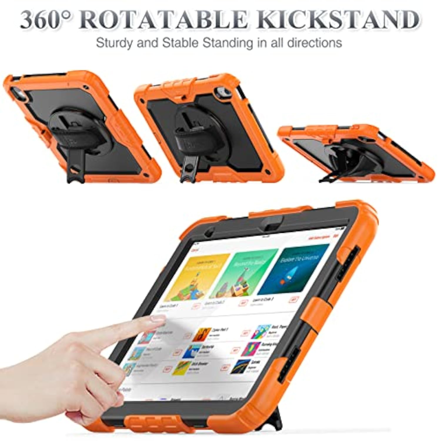 Full-Body Drop Protection Case for iPad 11th/10th Generation 11''/10.9'' 2025/2022, Includes Screen Protector and 360° Rotate Hand Strap/Stand, Black and Orange