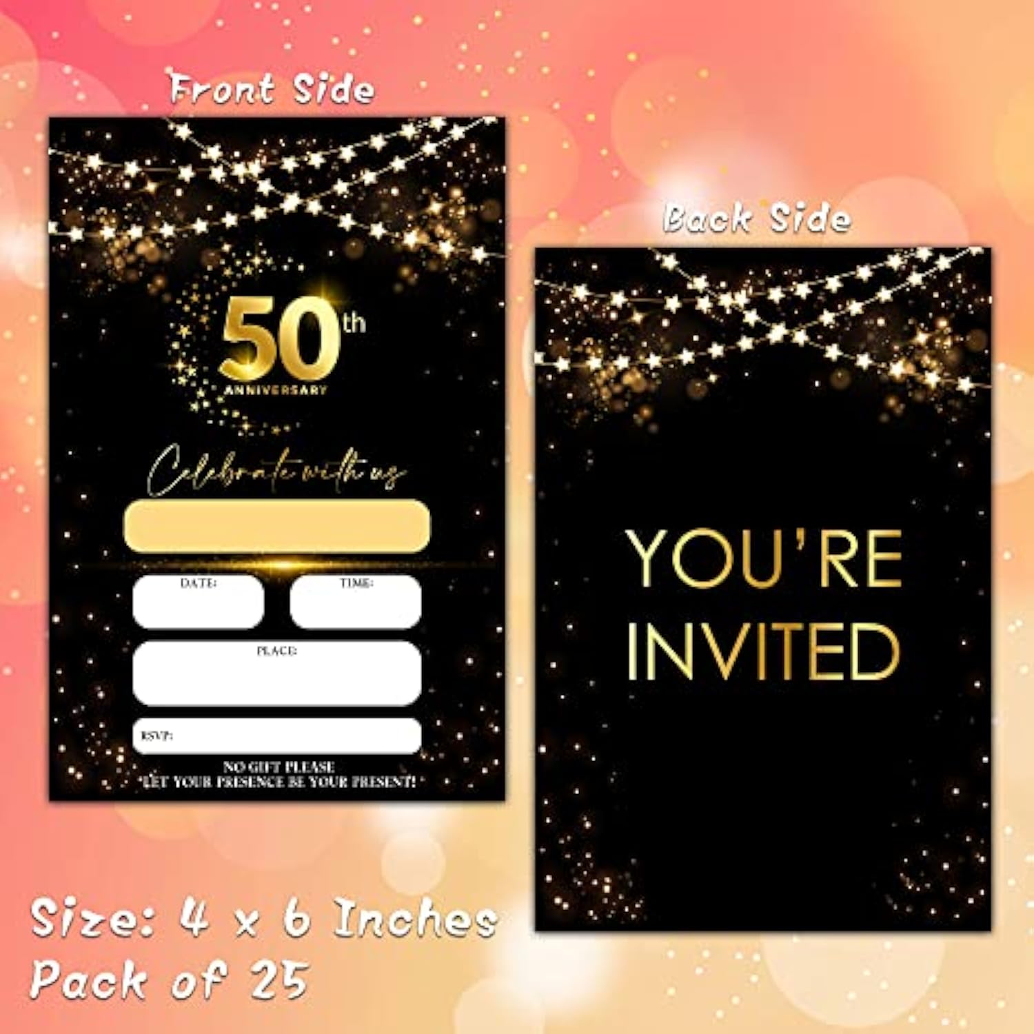 50Th Anniversary Invitations Cards, Black Gold Glitter Wedding Anniversary Invitations With Envelopes, Celebrate With Us Fill-In Invites Cards, Anniversary Party Supplies Decorations(Pack Of 25)