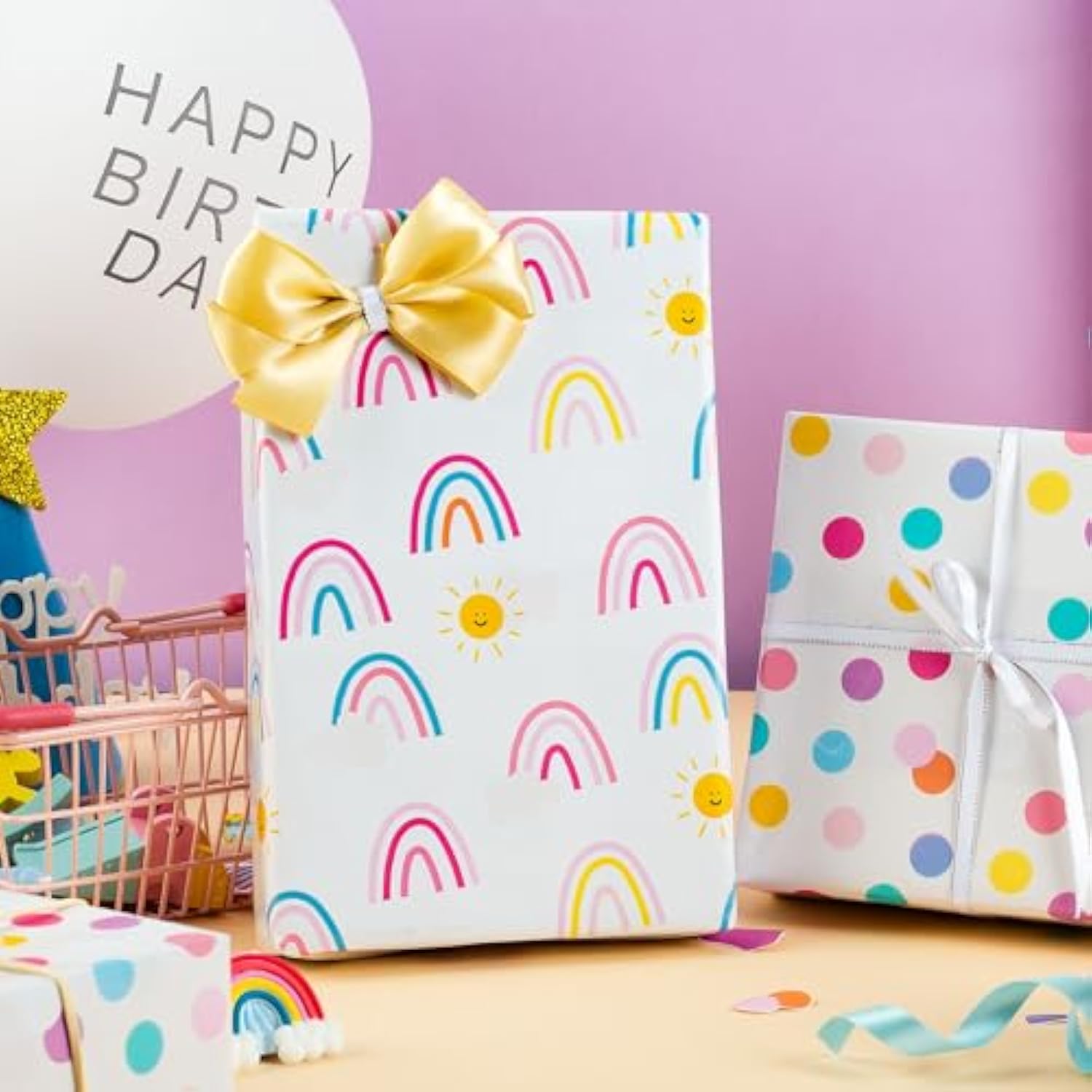Gift Wrapping Paper - 3 Mini Rolls - Colorful Rainbow Sun Polka Dots Cute Birthday Wrapping Paper Roll For Holiday, Shower, Congrats - 17 Inch X 120 Inch Per Roll