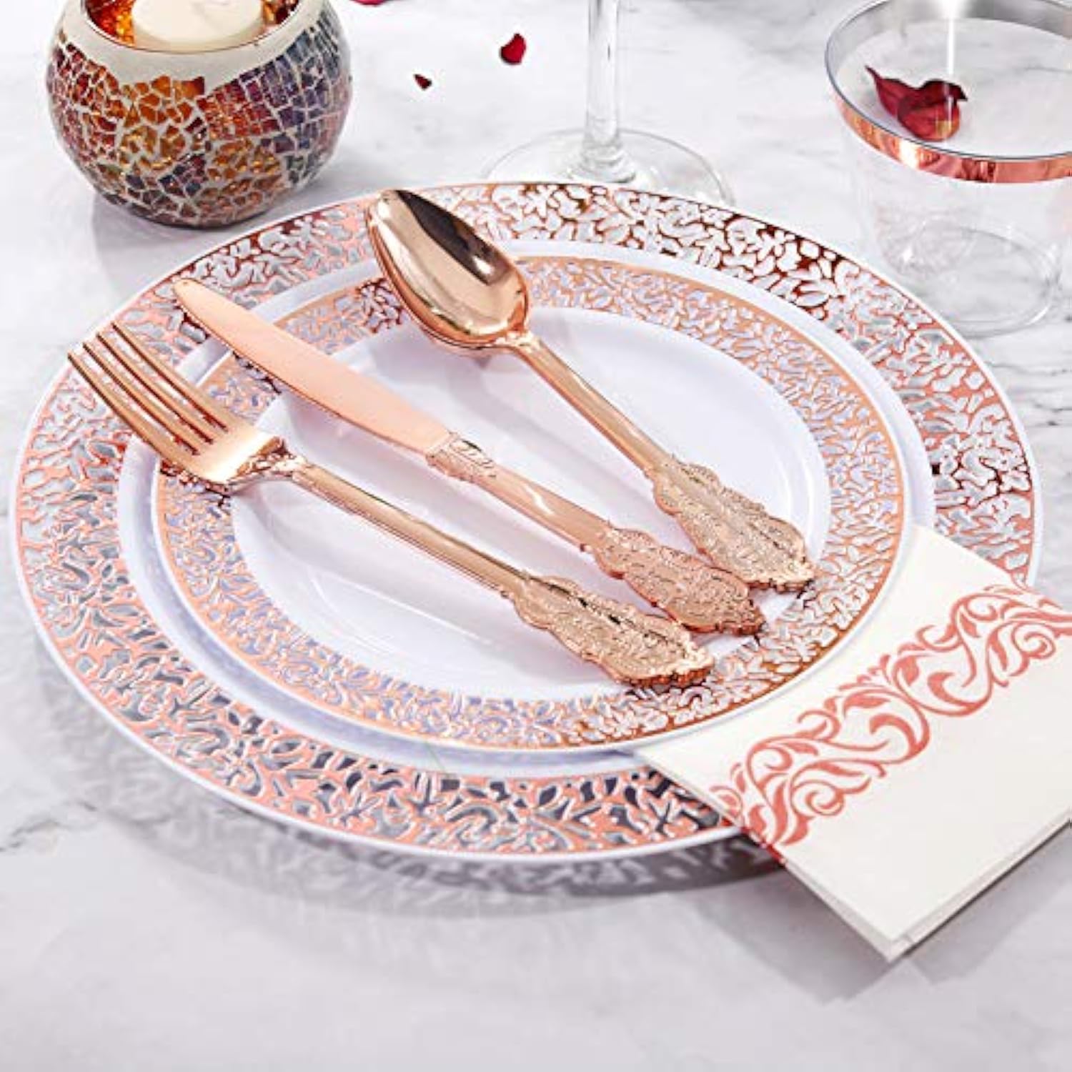 350Pcs Rose Gold Plastic Plates With Disposable Silverware & Napkins - Rose Gold Rim Plastic Dinnerware Set Lace Design For Wedding, Party & Mother’S Day
