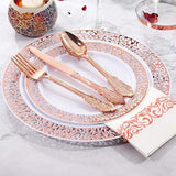 350Pcs Rose Gold Plastic Plates With Disposable Silverware & Napkins - Rose Gold Rim Plastic Dinnerware Set Lace Design For Wedding, Party & Mother’S Day