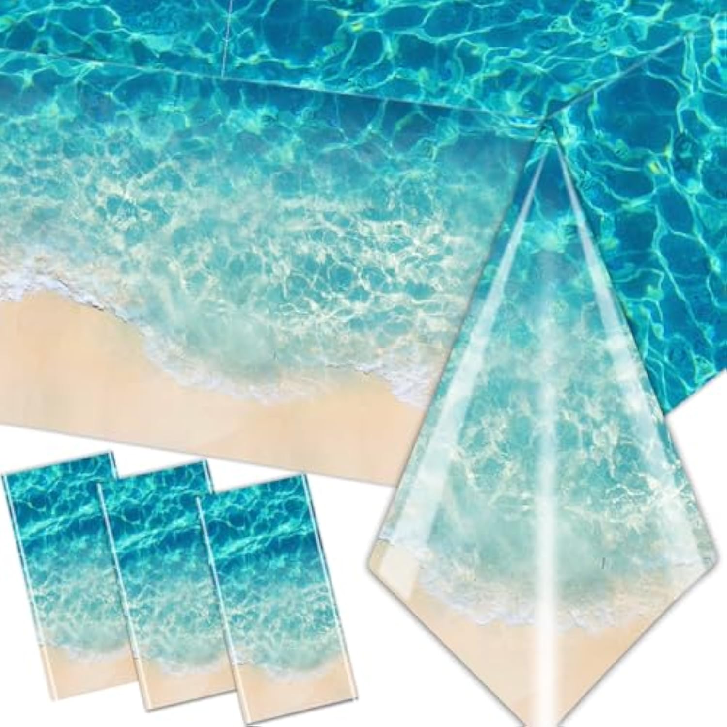 Ocean Waves Tablecloth, 3Pcs Summer Beach Pool Party Decorations Tablecloth Plastic Beach Ocean Water Print Table Cover For Hawaiian Party Birthday Supplies 54X108Inch
