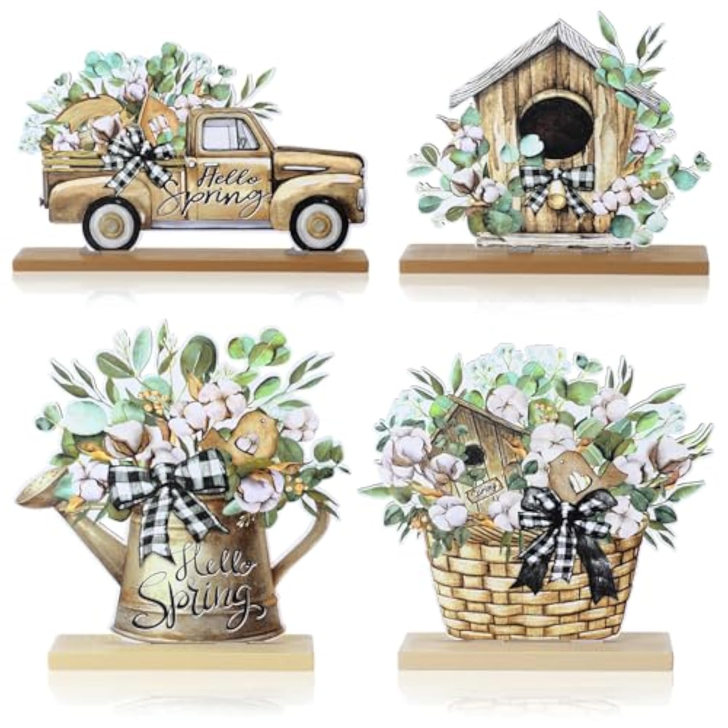 4 Pcs Spring Table Centerpieces Decorations Hello Spring Wooden Table Signs Farmhouse Flower Truck Wooden Signs For Home Party Decor(Coffee,Eucalyptus)