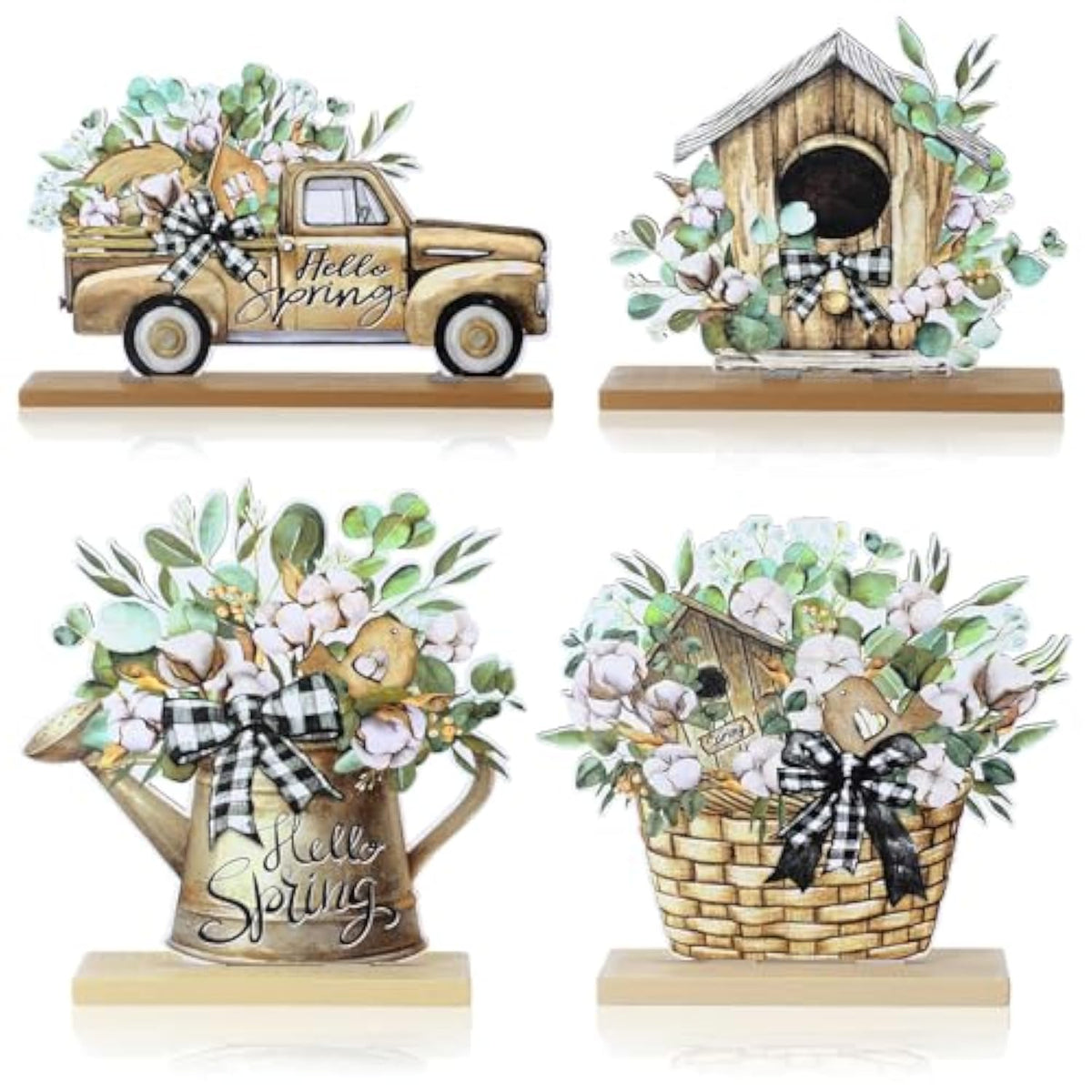 4 Pcs Spring Table Centerpieces Decorations Hello Spring Wooden Table Signs Farmhouse Flower Truck Wooden Signs For Home Party Decor(Coffee,Eucalyptus)