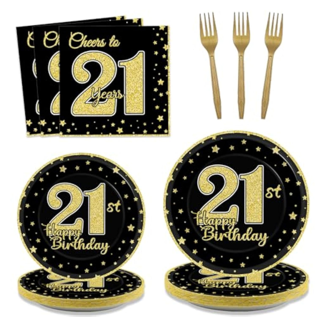 200 Pcs 21St Birthday Party Supplies Black Gold Paper Plates Cheers To 21 Years Paper Plates And Napkins Forks Disposable Black Gold Birthday Tableware Set For Kids 50 Guests Decorations Supplies
