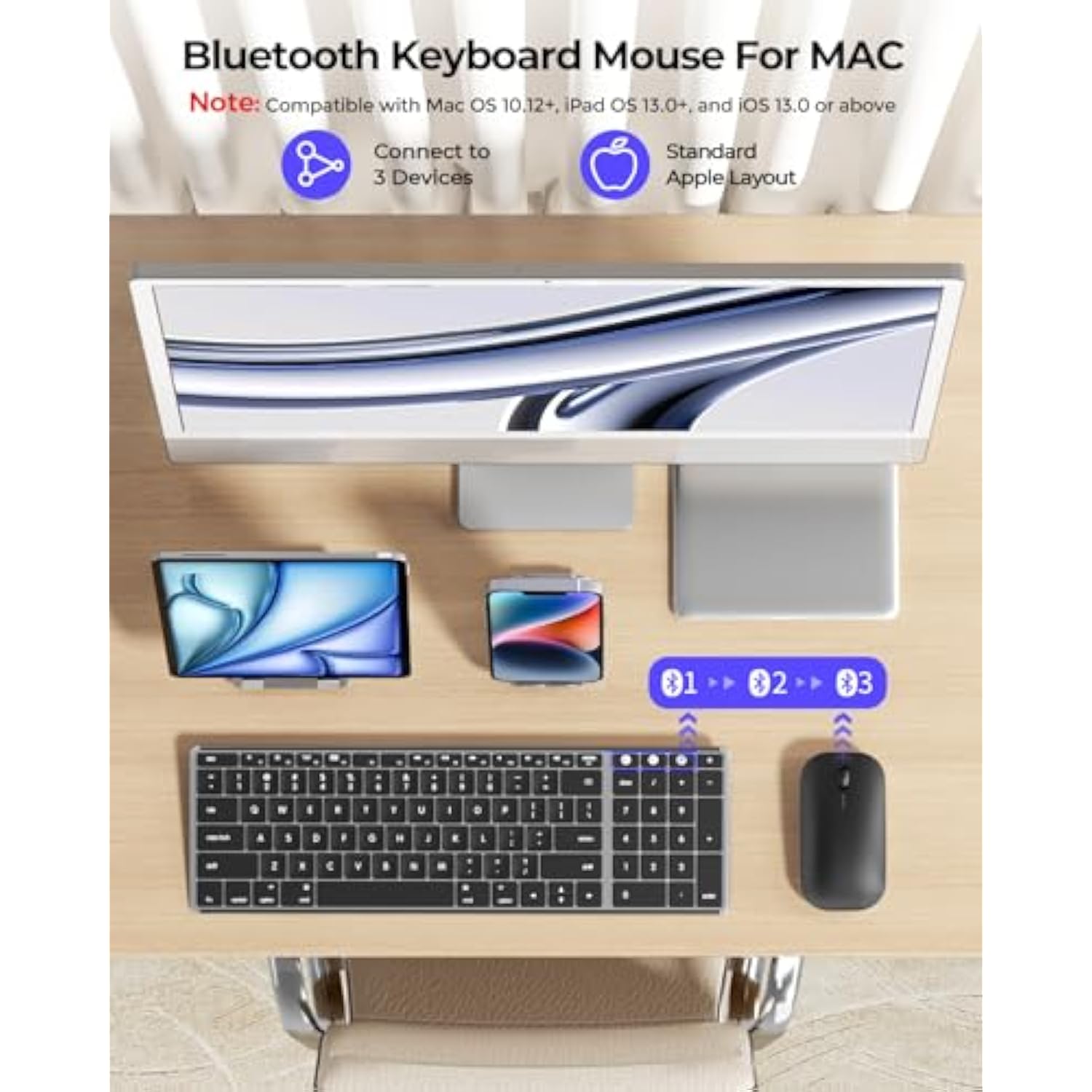 seenda Bluetooth Keyboard and Mouse for Mac, SKM64-2 Multi-Device Rechargeable Slim Wireless Keyboard Mouse Stainless Steel Full Size, Compatible with MacBook Pro/Air, iPad, Mac - Space Gray