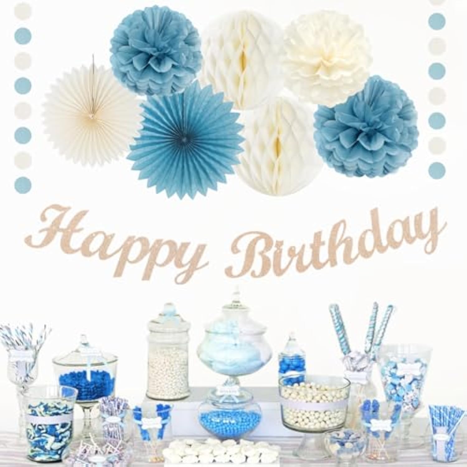 Dusty-Blue White Birthday Party-Decorations Paper-Flowers - 14Pcs Happy Banner Boy Lanterns Tissue Pom Poms,Men Streamers Garland Fans Honeycomb,Baby Teen Male Kids Hanging Supplies Decor