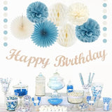 Dusty-Blue White Birthday Party-Decorations Paper-Flowers - 14Pcs Happy Banner Boy Lanterns Tissue Pom Poms,Men Streamers Garland Fans Honeycomb,Baby Teen Male Kids Hanging Supplies Decor